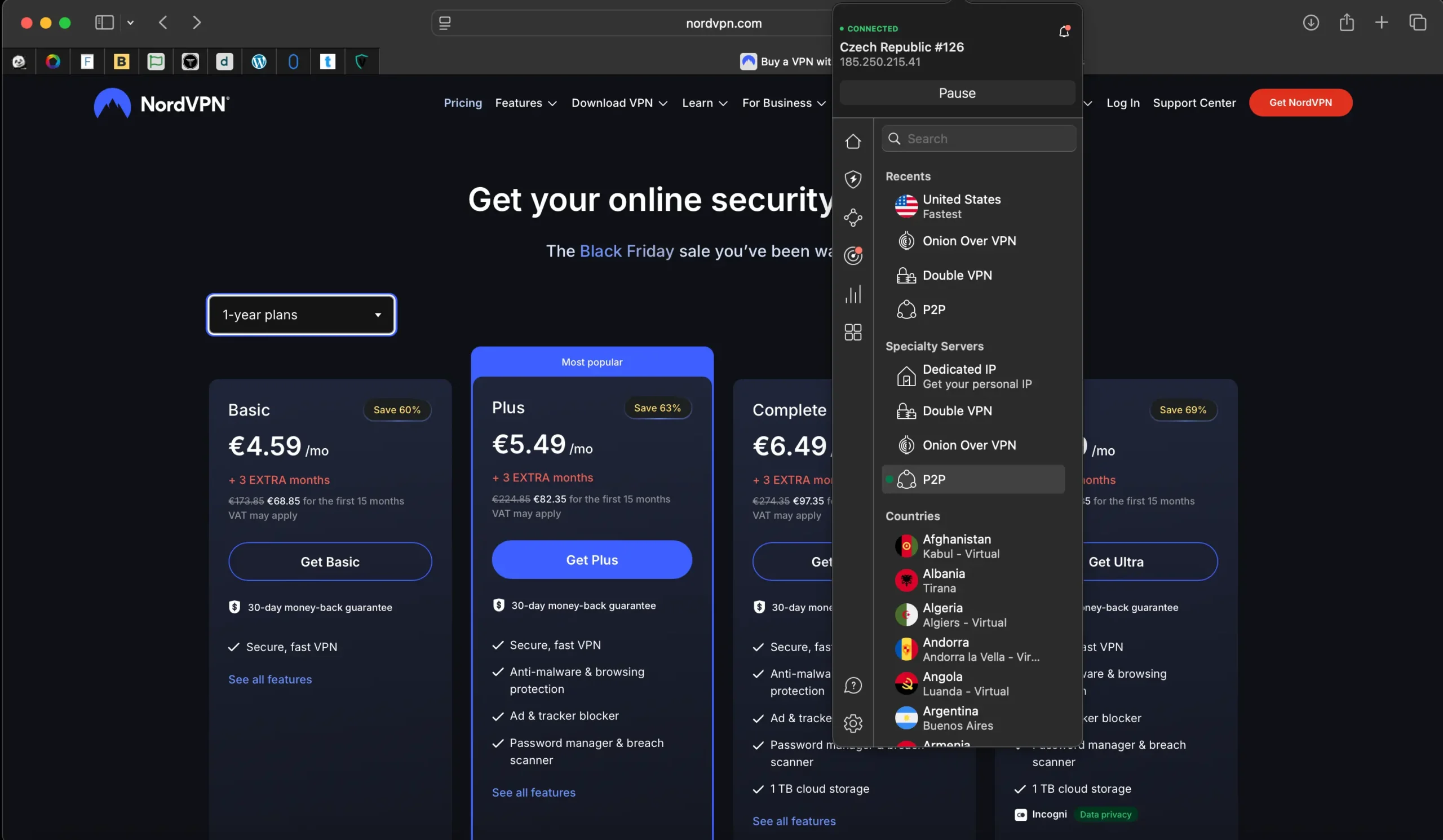 Oficiální ceník NordVPN při české IP – plány Basic, Plus a Complete s připočtenou 21 % DPH“
