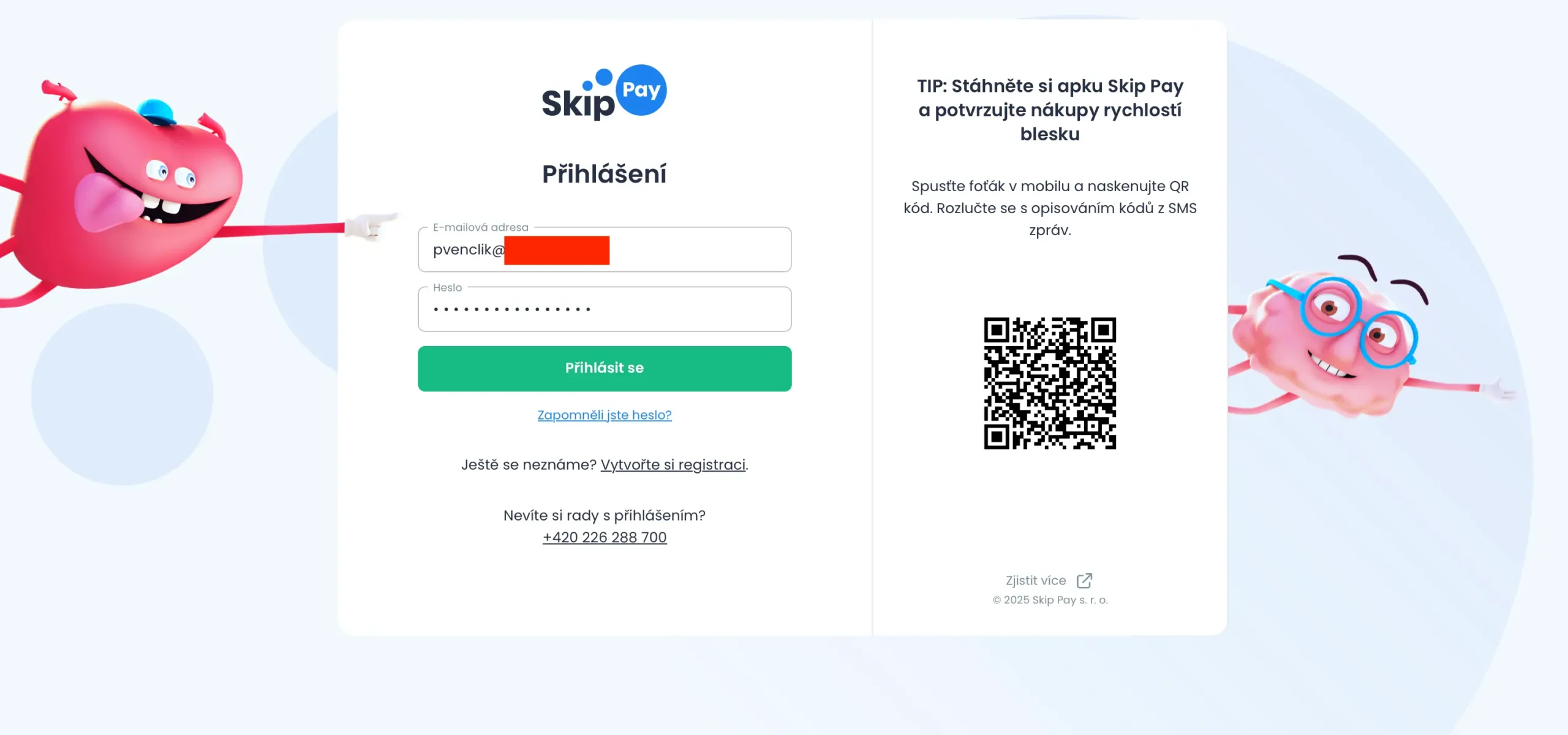 Přihlašovací stránka Skip Pay s vyplněným e-mailem a heslem, vpravo je QR kód pro rychlé potvrzování nákupů v aplikaci.
