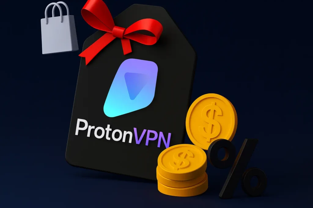 Stylová grafika k akci ProtonVPN Black Friday, kde je znázorněna dárková visačka s logem ProtonVPN, červenou mašlí a zlatými mincemi. Obrázek symbolizuje velkou slevu až 75 % na prémiové šifrované připojení, o které jde v článku – tedy bezpečné soukromí na internetu za zlomek běžné ceny.