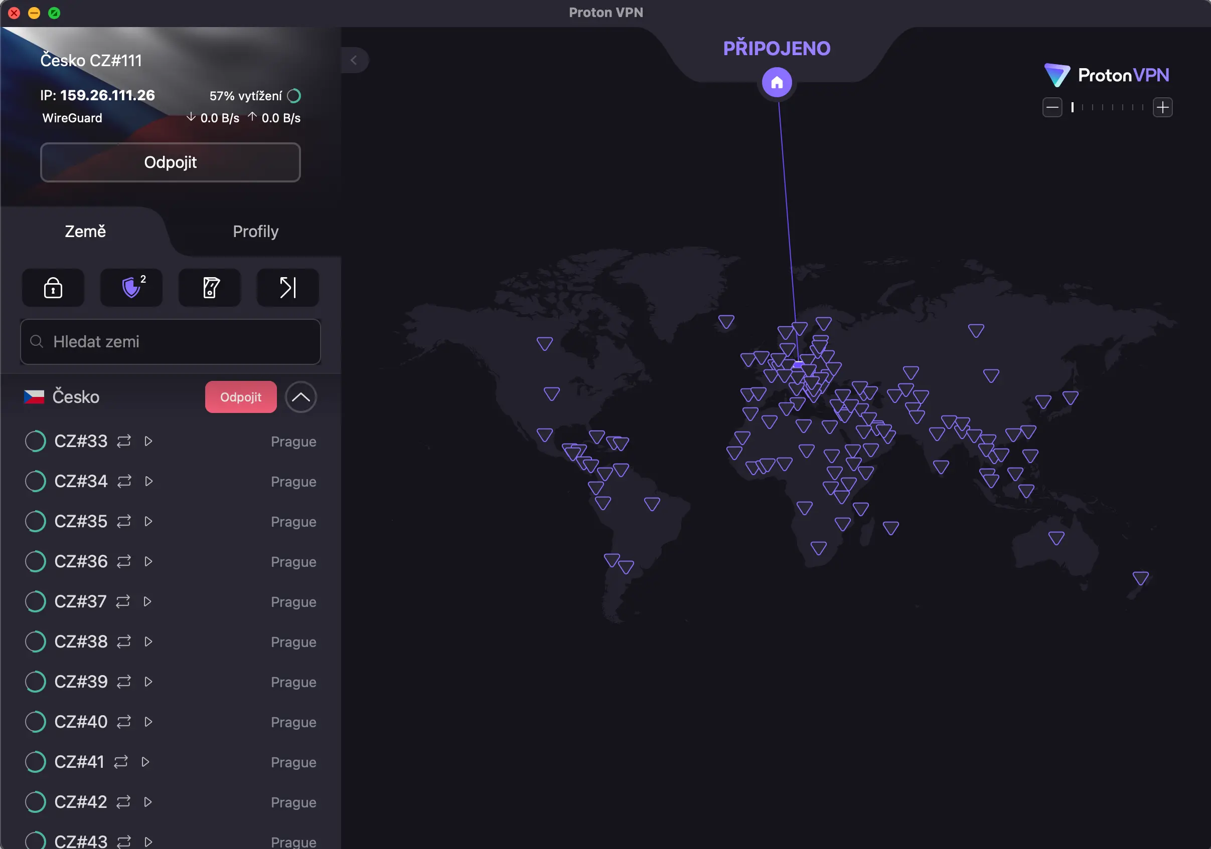ProtonVPN připojený k českému serveru číslo 111 v aplikaci pro macOS