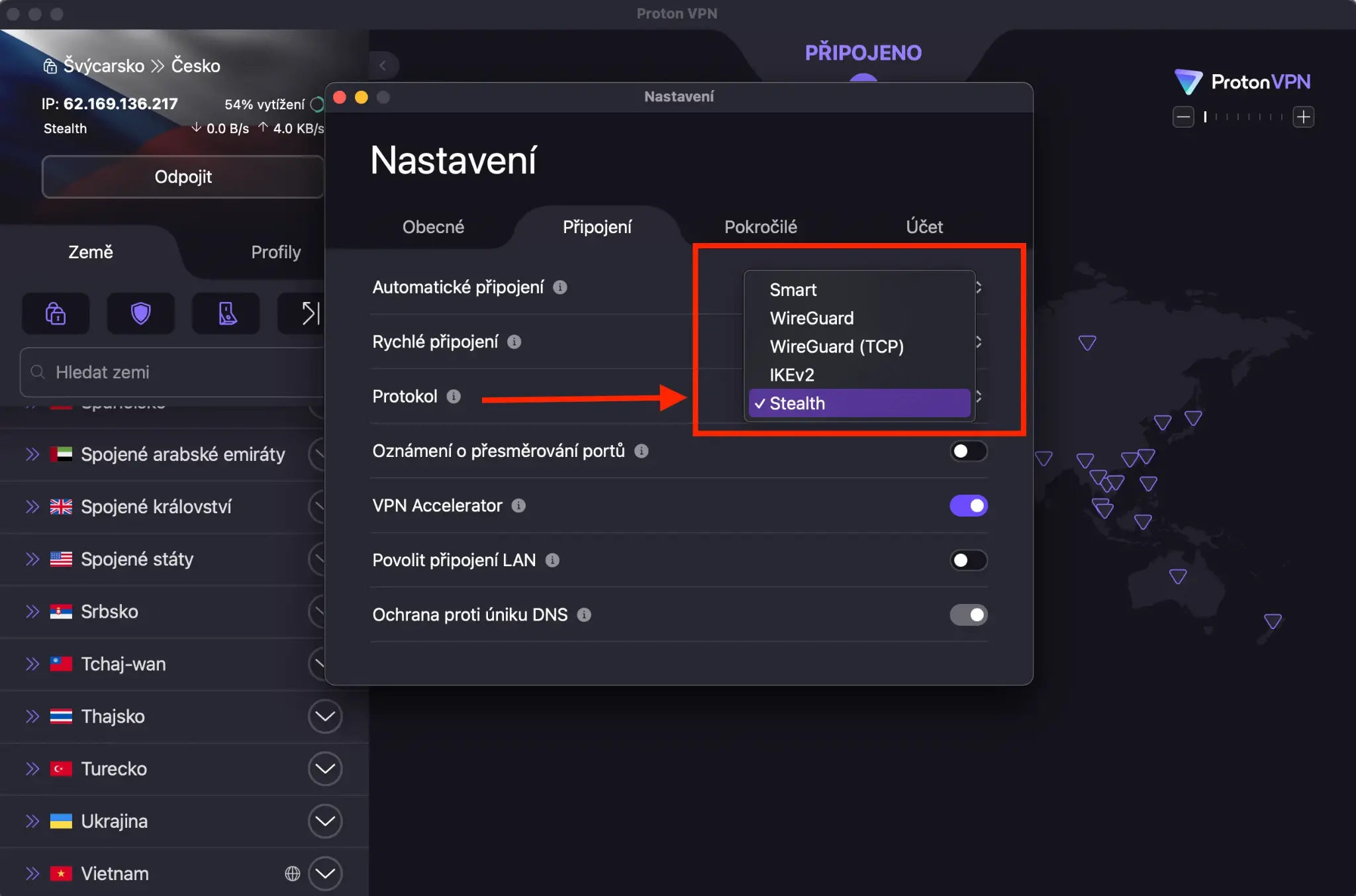 Výběr protokolu Stealth v aplikaci Proton VPN, který pomáhá obejít blokace a zajistit stabilní připojení i v zemích s omezeným internetem.
