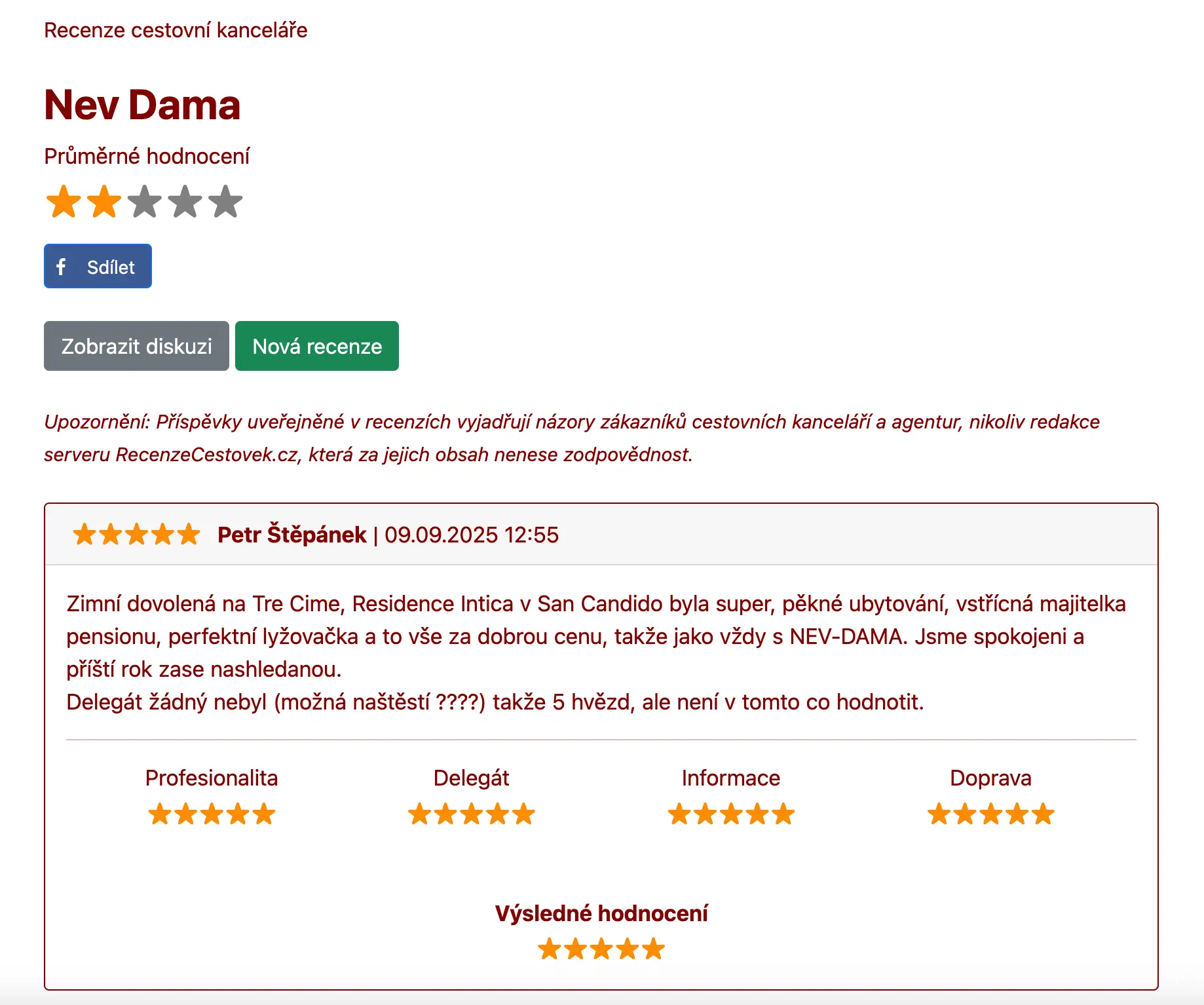 Hodnocení cestovky Nev-Dama na webu RecenzeCestovek.cz: průměrné 2 hvězdičky z 5, ale i pozitivní zkušenosti od klientů se zimní dovolenou v Itálii