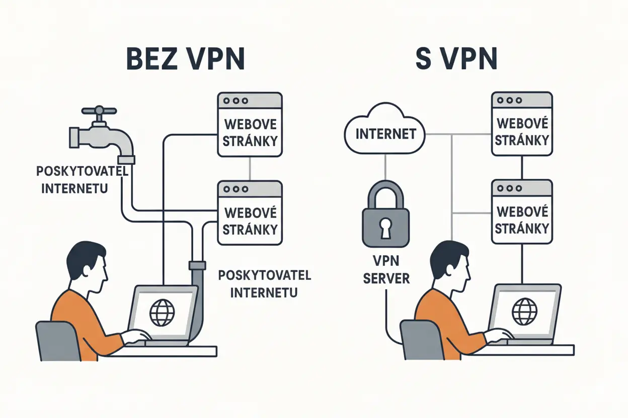 Srovnávací diagram ukazující rozdíl mezi připojením 'BEZ VPN' a 'S VPN'. Na levé straně 'BEZ VPN' jde připojení uživatele k webovým stránkám přímo přes poskytovatele internetu, který je znázorněn jako vodovodní kohoutek. Na pravé straně 'S VPN' se uživatel připojuje přes šifrovaný VPN server, znázorněný zámkem, který teprve poté přistupuje k internetu a webovým stránkám.