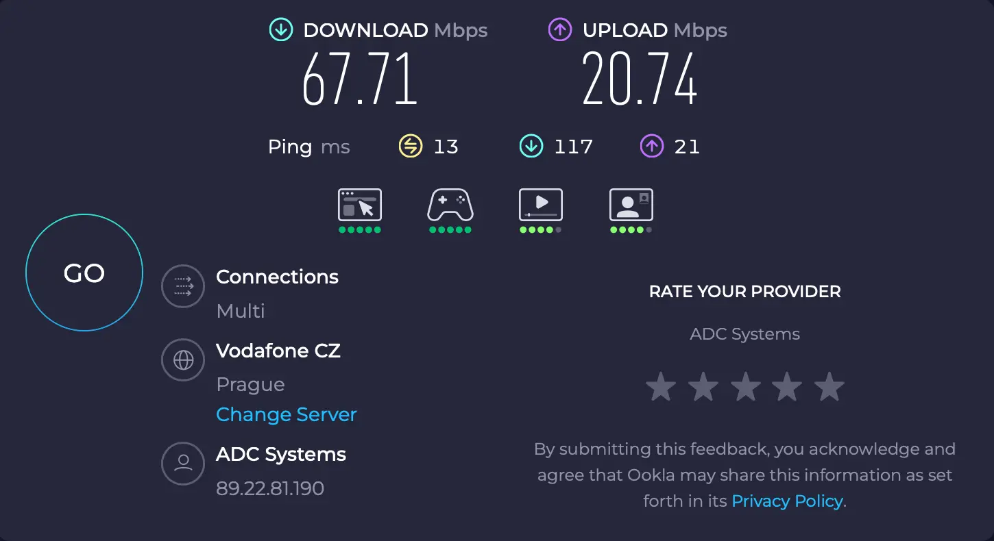 Test rychlosti připojení bez zapnuté VPN – měření přes Speedtest.net na síti Vodafone CZ, download 67 Mb/s, upload 20 Mb/s.
