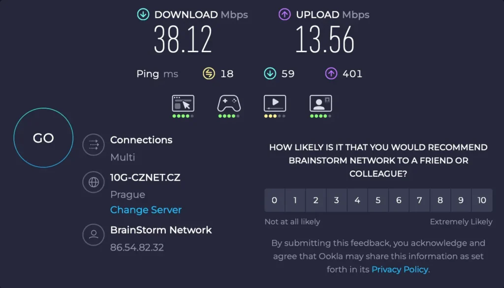 Rychlost internetu se zapnutou OysterVPN na server v Praze | Venclíkovi.cz