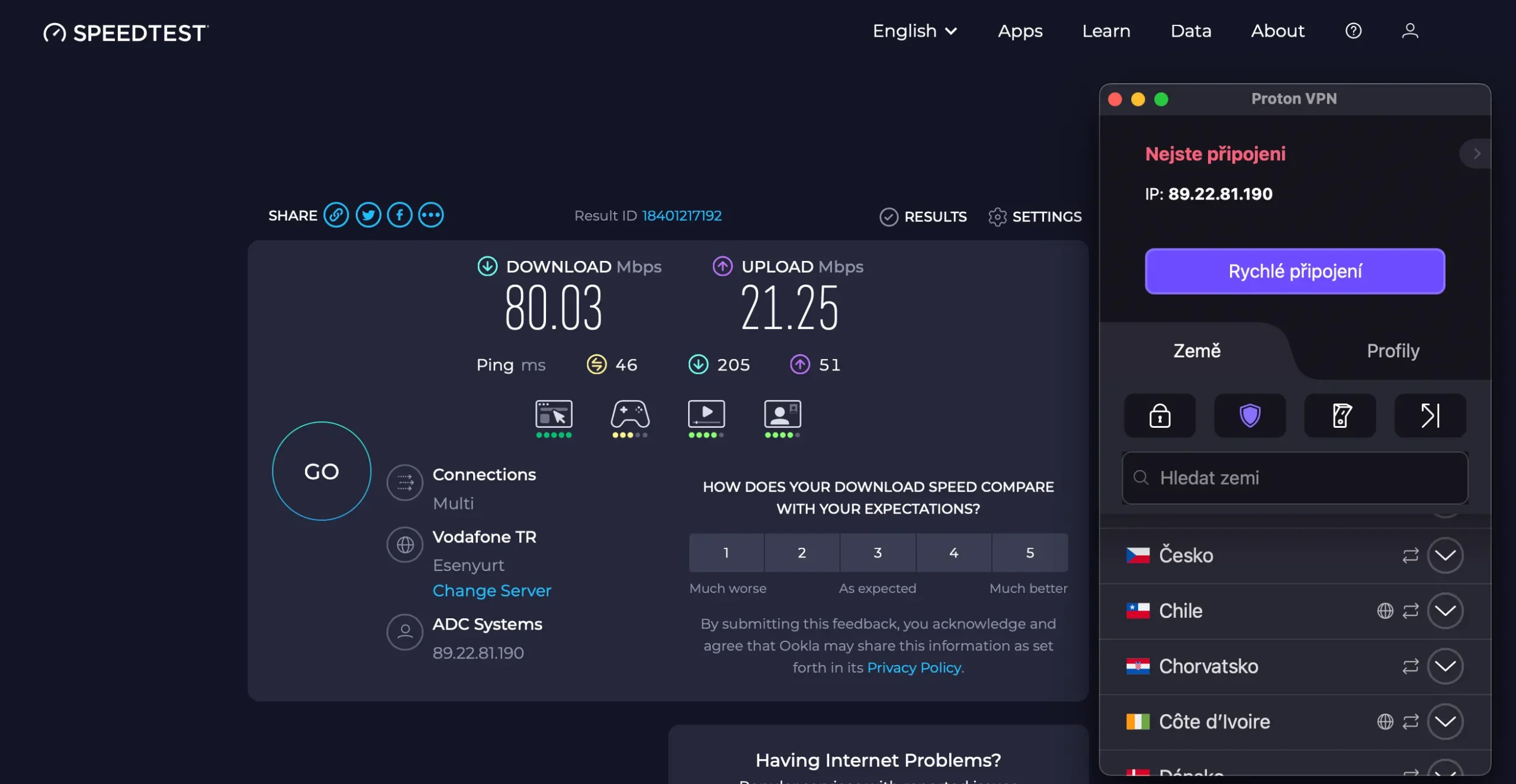 Test rychlosti připojení bez ProtonVPN – srovnání výkonu