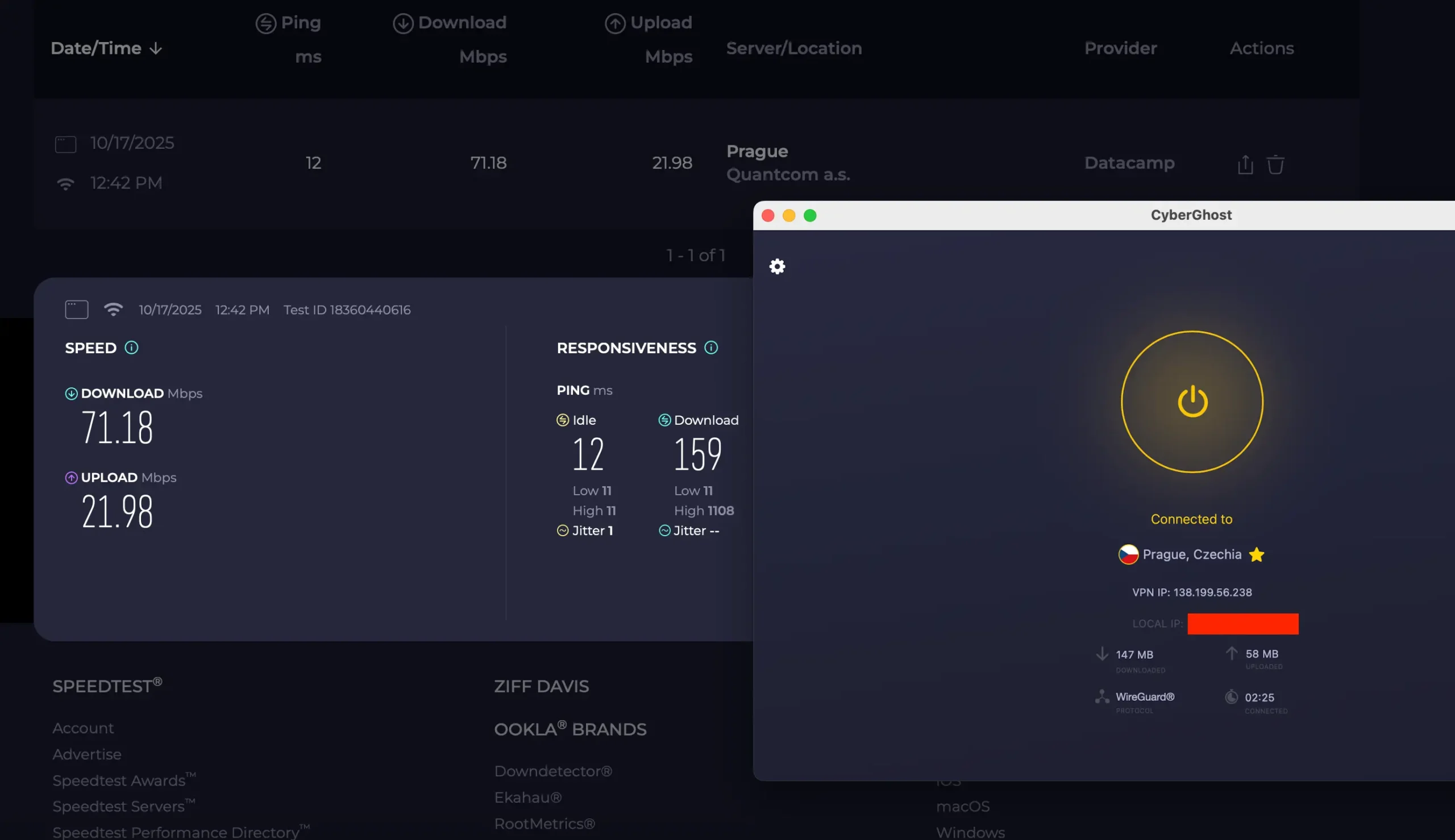 Měření rychlosti připojení přes CyberGhost VPN – Praha, 71 Mb/s download a 21 Mb/s upload, stabilní ping a plynulé surfování.