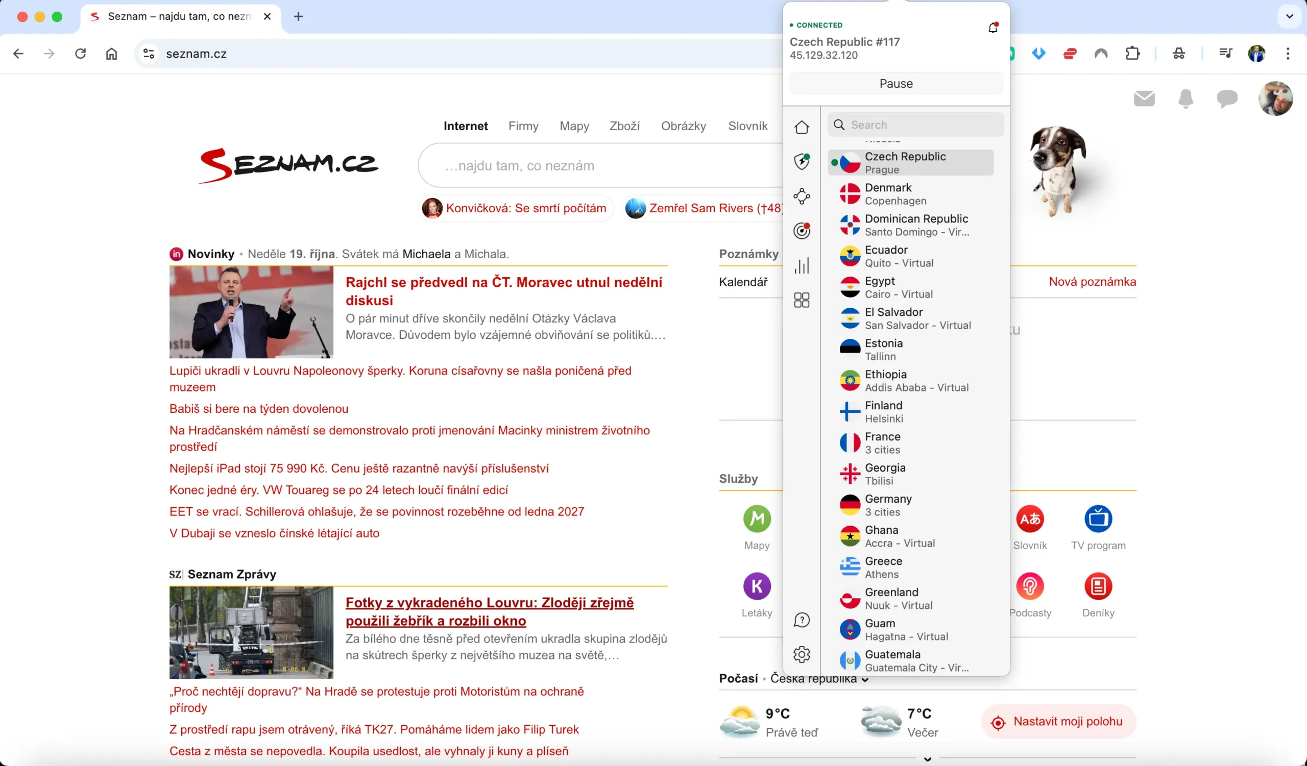 Ukázka připojení přes NordVPN k českému serveru – aplikace spuštěná vedle domovské stránky Seznam.cz, aktivní ochrana a seznam zemí.
