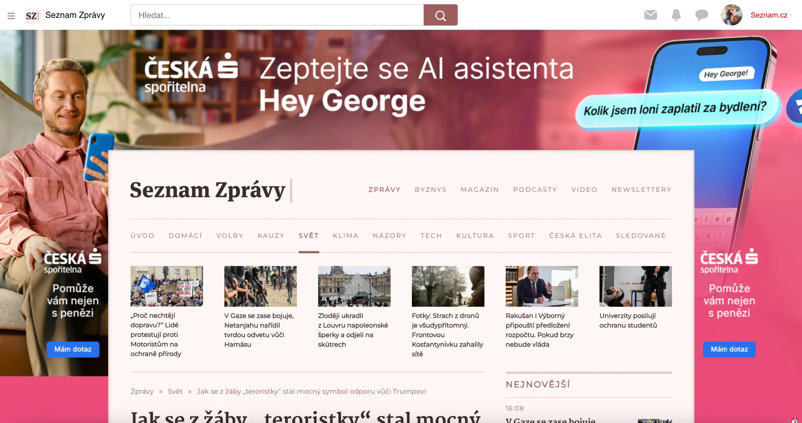 Hlavní stránka Seznam Zpráv s rozsáhlou bannerovou reklamou České spořitelny „Hey George“ přes horní i boční část webu.