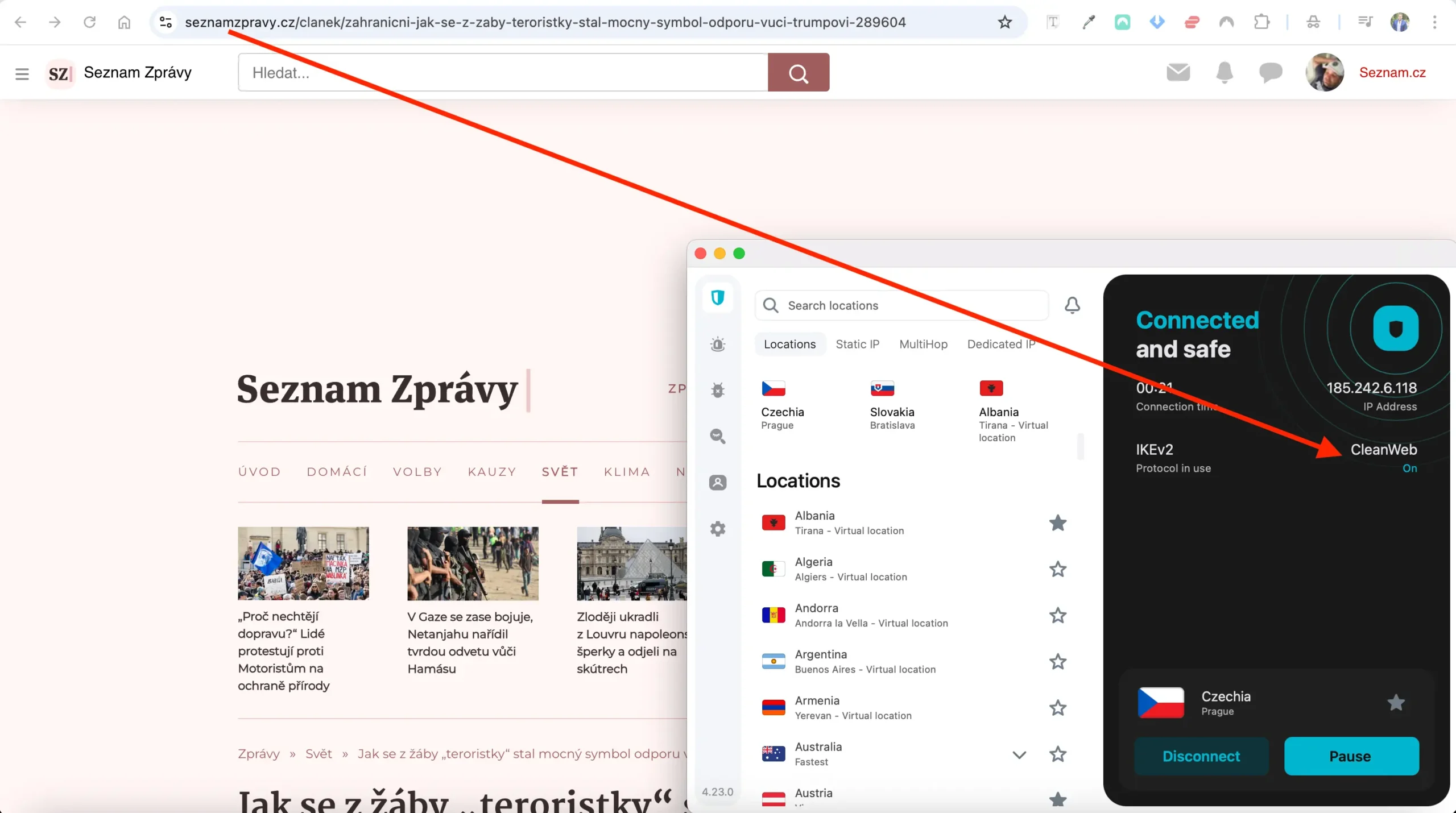 Čisté zobrazení webu Seznam Zprávy – VPN Surfshark připojena přes český server, CleanWeb aktivní, blokované bannery i sledovací skripty.