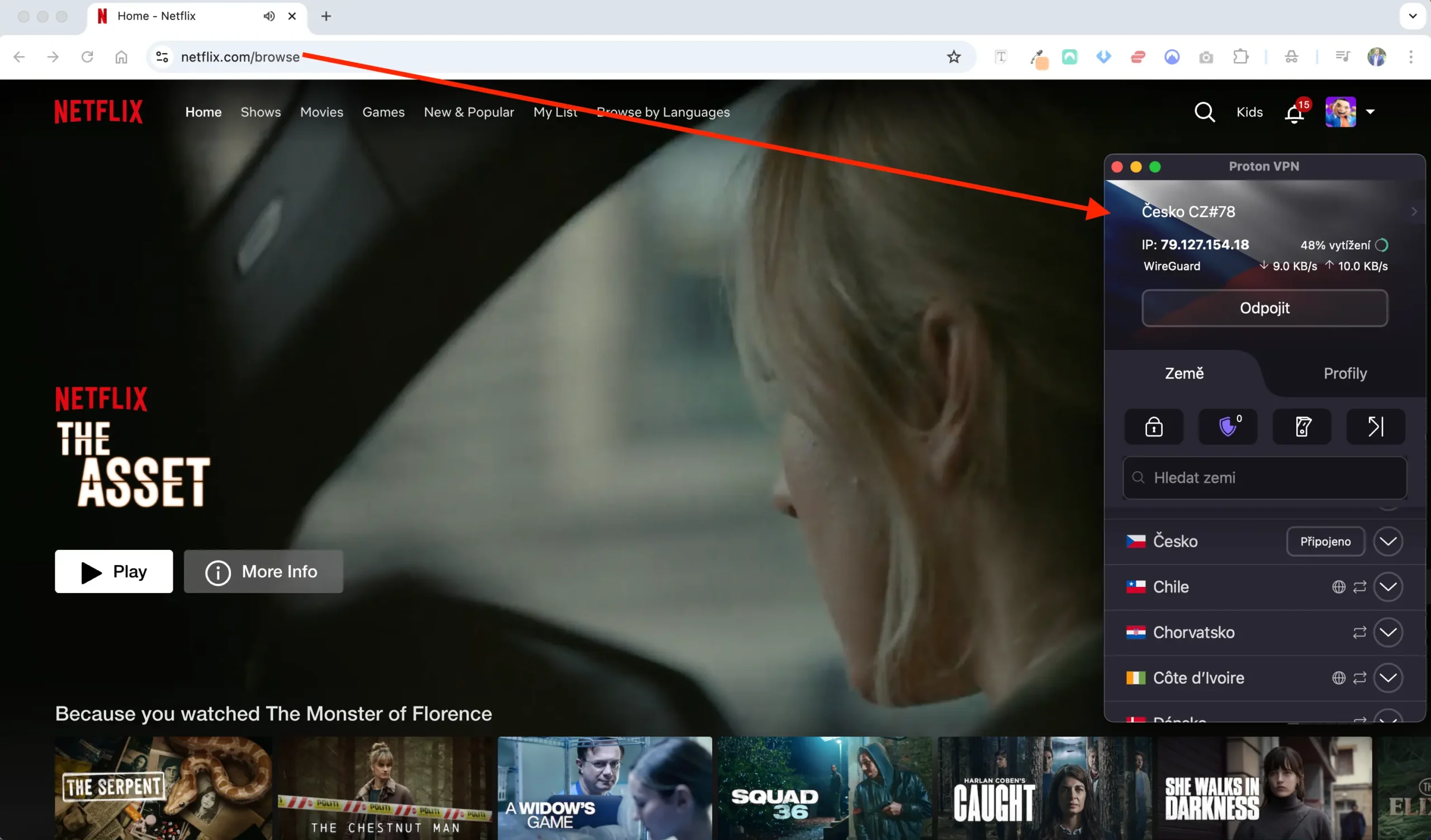 Netflix běžící přes ProtonVPN připojenou k českému serveru