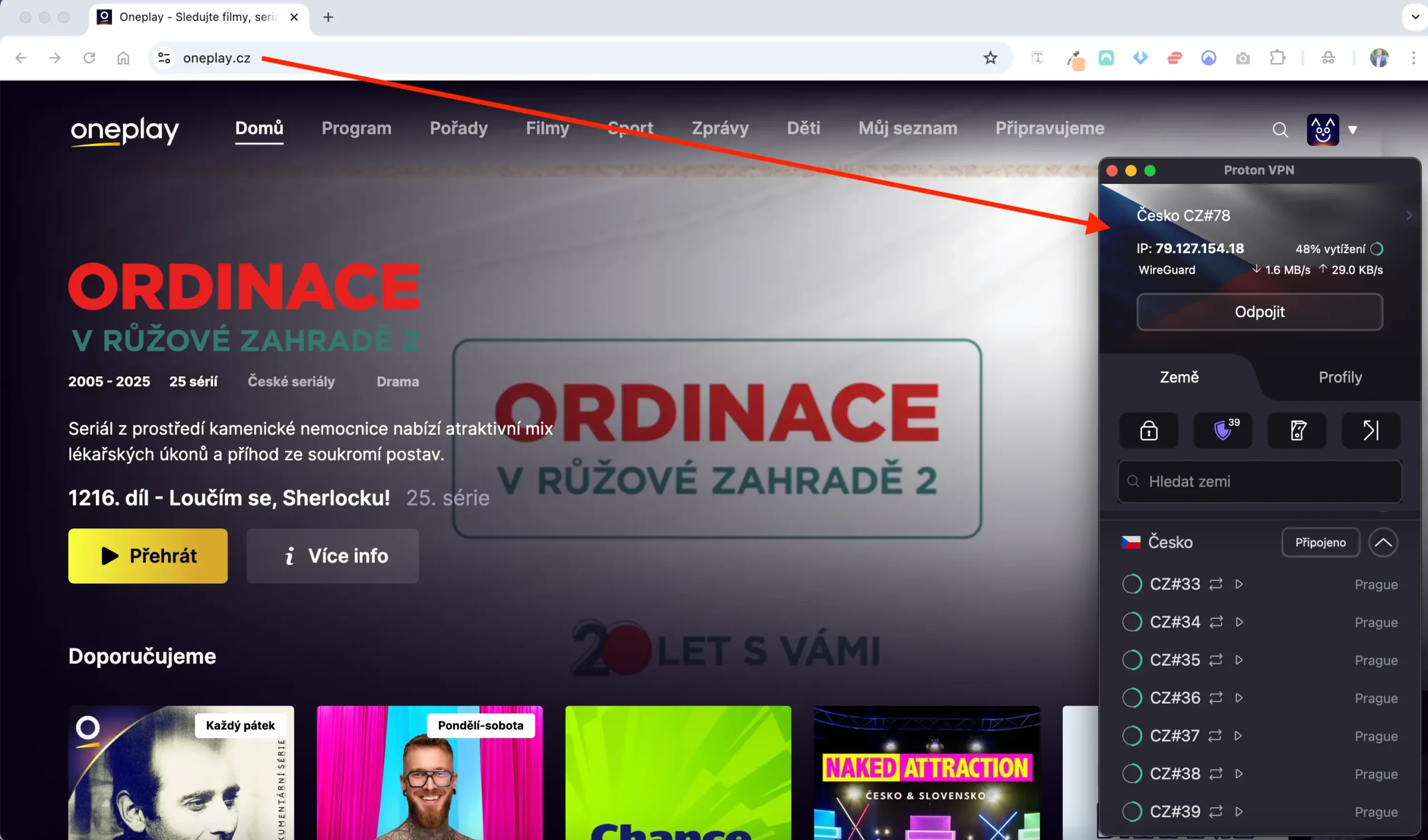 OnePlay.cz stream fungující přes ProtonVPN připojení