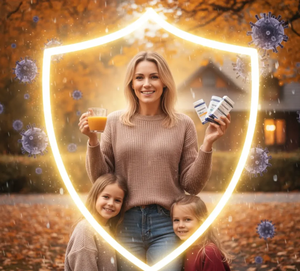 Máma s dětmi chráněná před viry, drží doplňky stravy a džus – podzimní imunita na jedničku