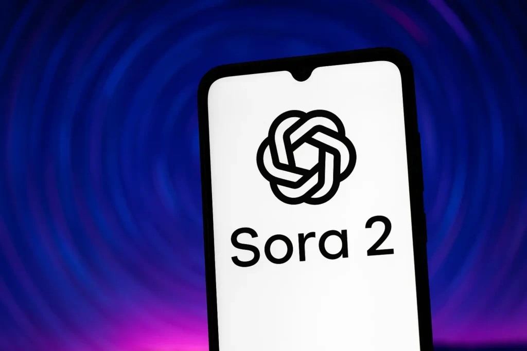 Smartphone se zobrazeným logem Sora 2 na bílé obrazovce, focený zblízka na výšku. V pozadí je rozmazané, futuristicky laděné modrofialové pozadí s jemnými kruhovými vzory a světelným efektem.