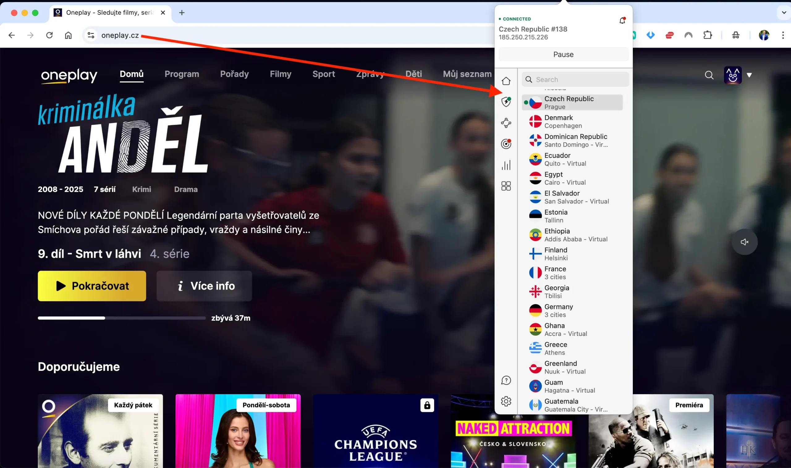 Streamovací služba OnePlay spuštěná přes NordVPN připojení s českou IP adresou, viditelná nabídka seriálu Kriminálka Anděl a výběr VPN serverů