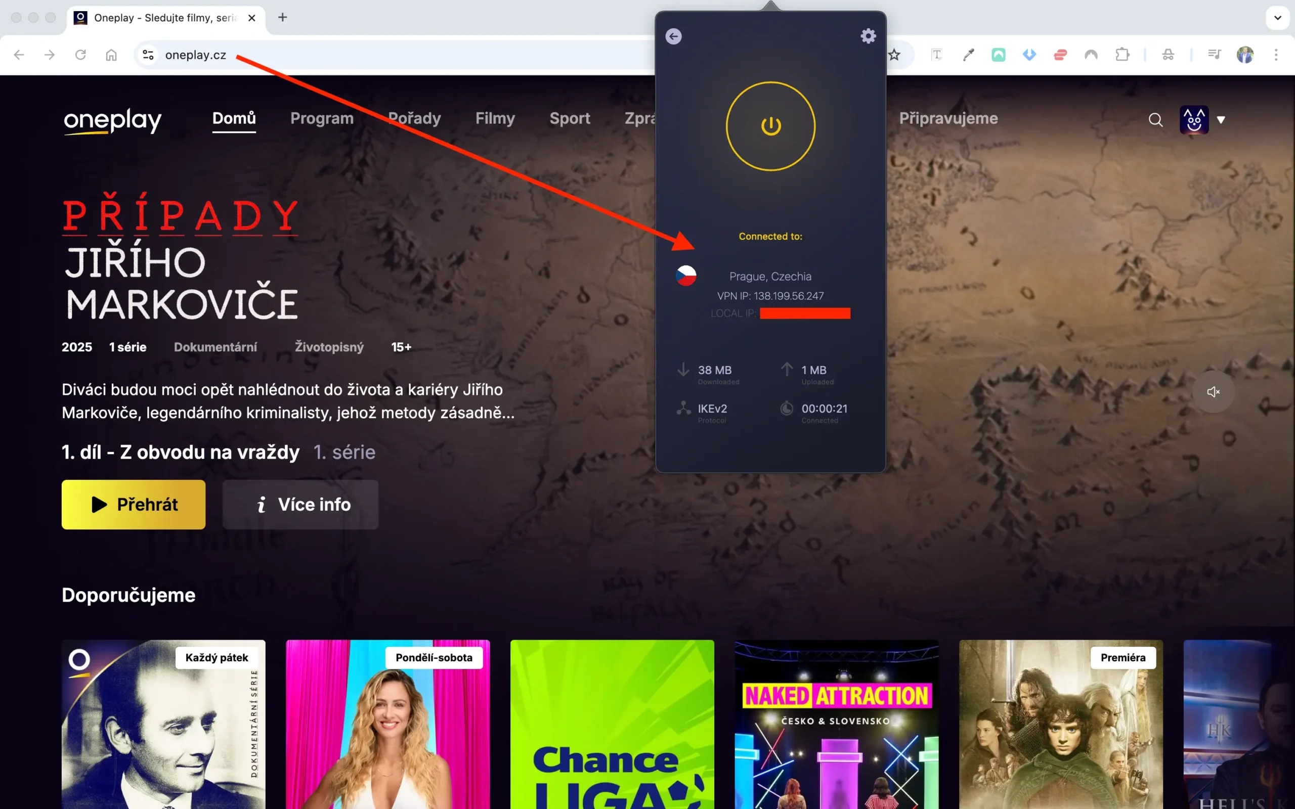 Ověřený přístup na OnePlay.cz přes CyberGhost VPN – český server v Praze, funkční streaming bez omezení.