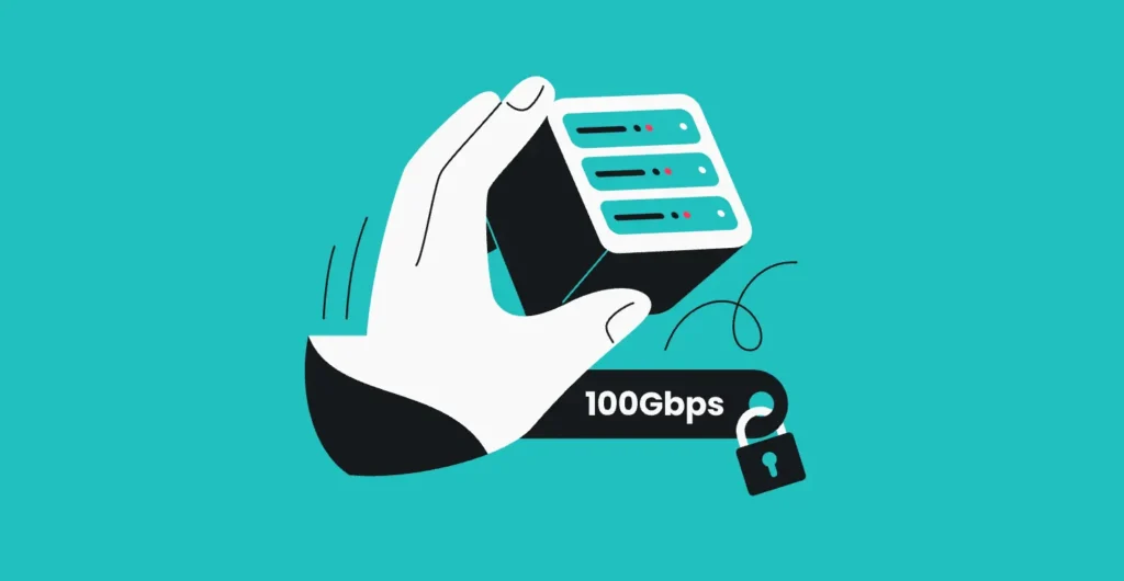Ilustrace ruky držící symbolický server s označením 100Gbps a visacím zámkem, znázorňující vysokorychlostní VPN servery Surfshark