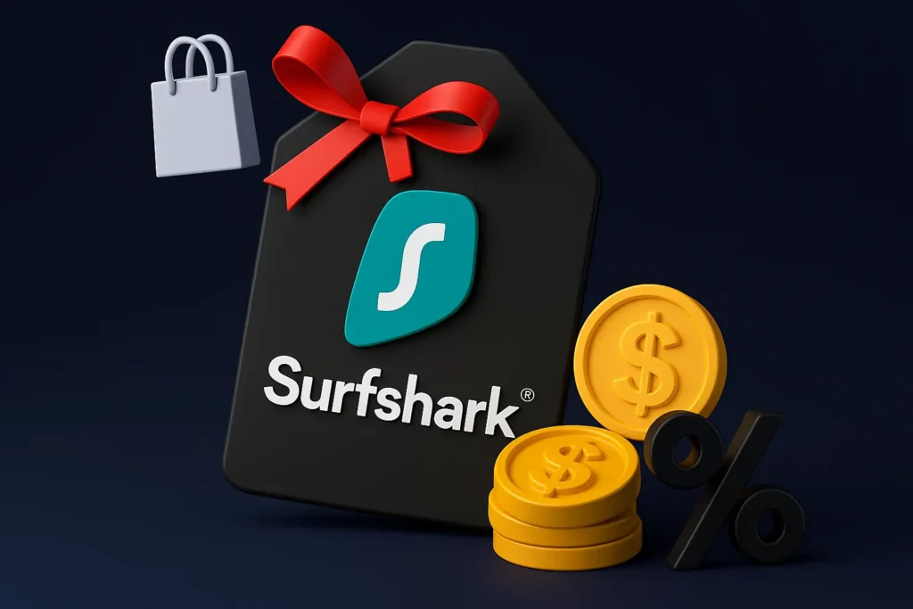 3D grafika s logem Surfshark v černém pozadí, doplněná o zlaté mince, procentní symbol a dárkovou stužku – motiv Black Friday slevy a výhodné akce na VPN.