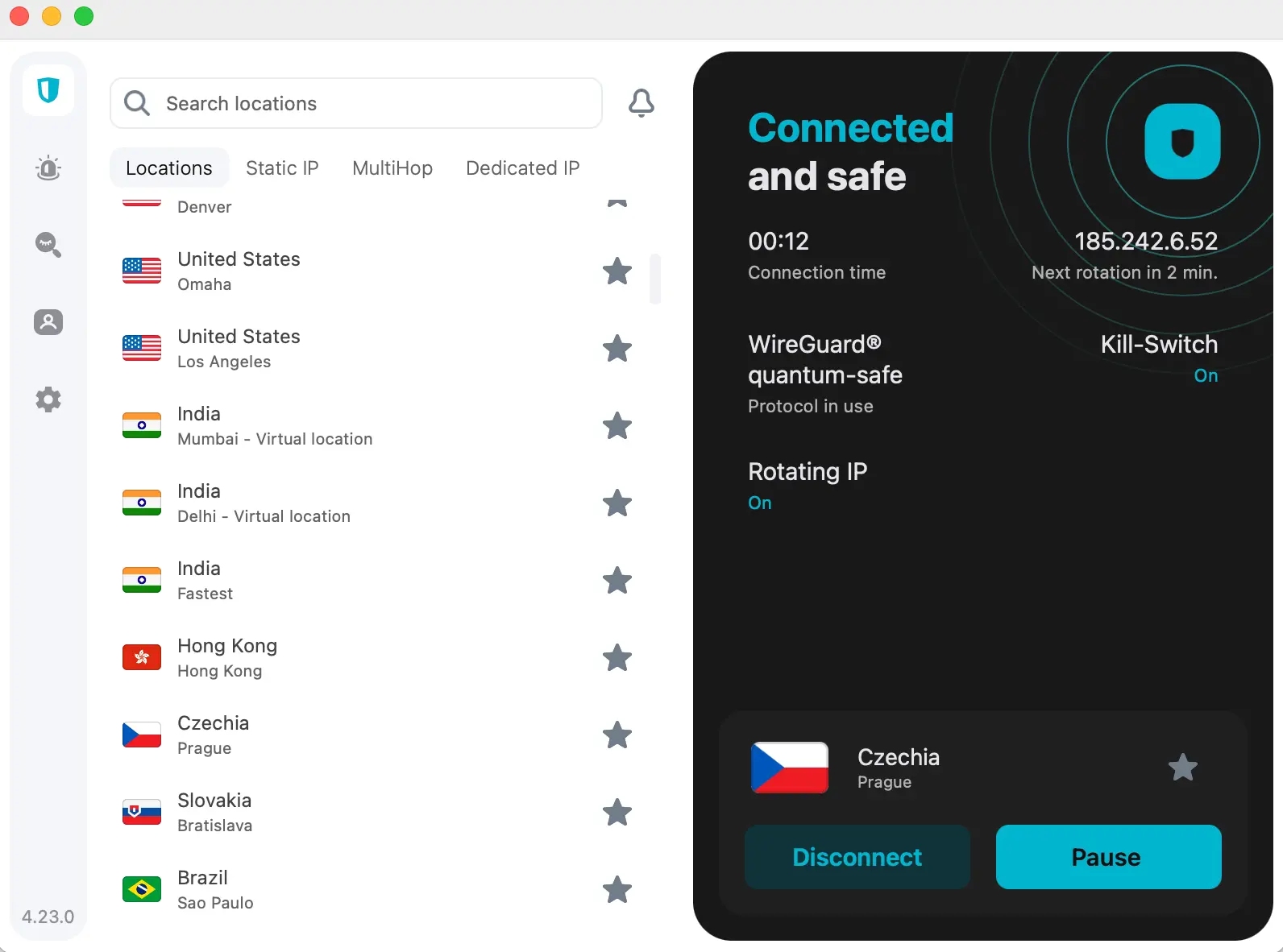 Aplikace Surfshark spuštěná na MacBooku – připojeno přes český server, zobrazený přehled lokací, aktivní funkce Rotating IP a Kill Switch.