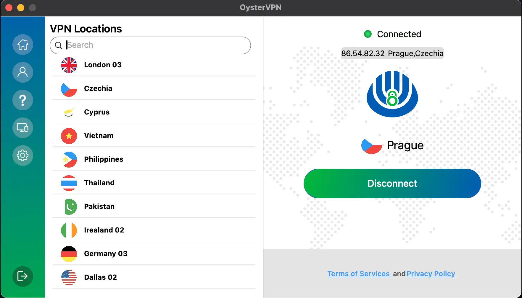 VPN zapnutá a připojená na mém Macbook Pro na server v Praze | Venclíkovi.cz OysterVPN připojená k serveru v Praze, zobrazená na obrazovce MacBooku s výpisem VPN lokalit a aktivním stavem připojení.