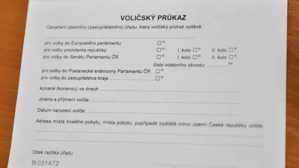 Formulář voličského průkazu pro volby v České republice – tiskopis s možností volby do Parlamentu, Senátu a dalších institucí