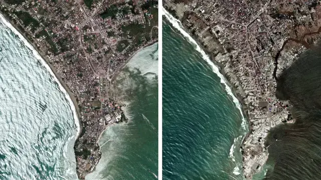 Pohled z vesmíru – vlevo pobřeží před katastrofou, vpravo úplně zpustošené po vlně tsunami. Rozdíl jak noc a den.