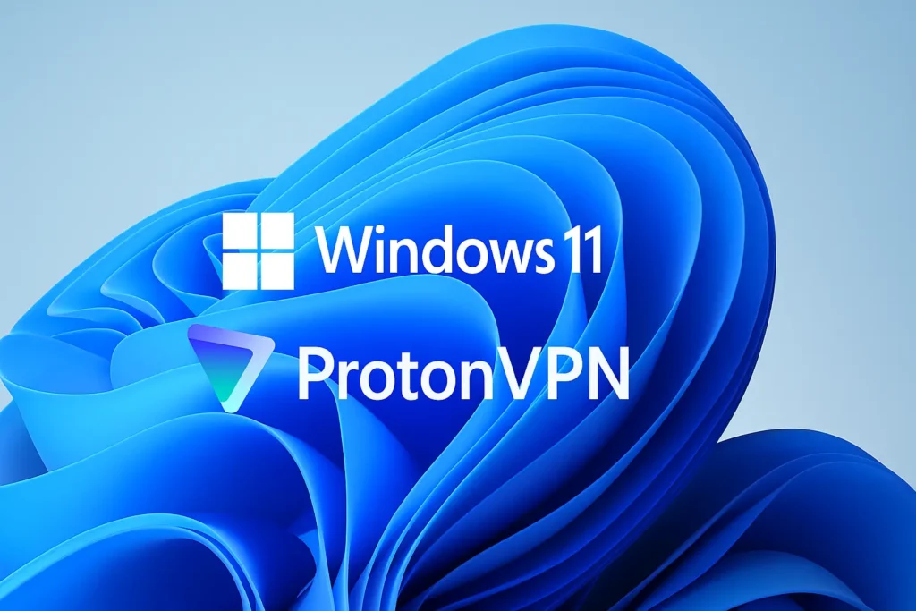 Modré pozadí s abstraktními vlnami Windows 11, uprostřed vycentrované logo Windows 11 a pod ním logo ProtonVPN. Obrázek symbolizuje propojení VPN a systému Windows.