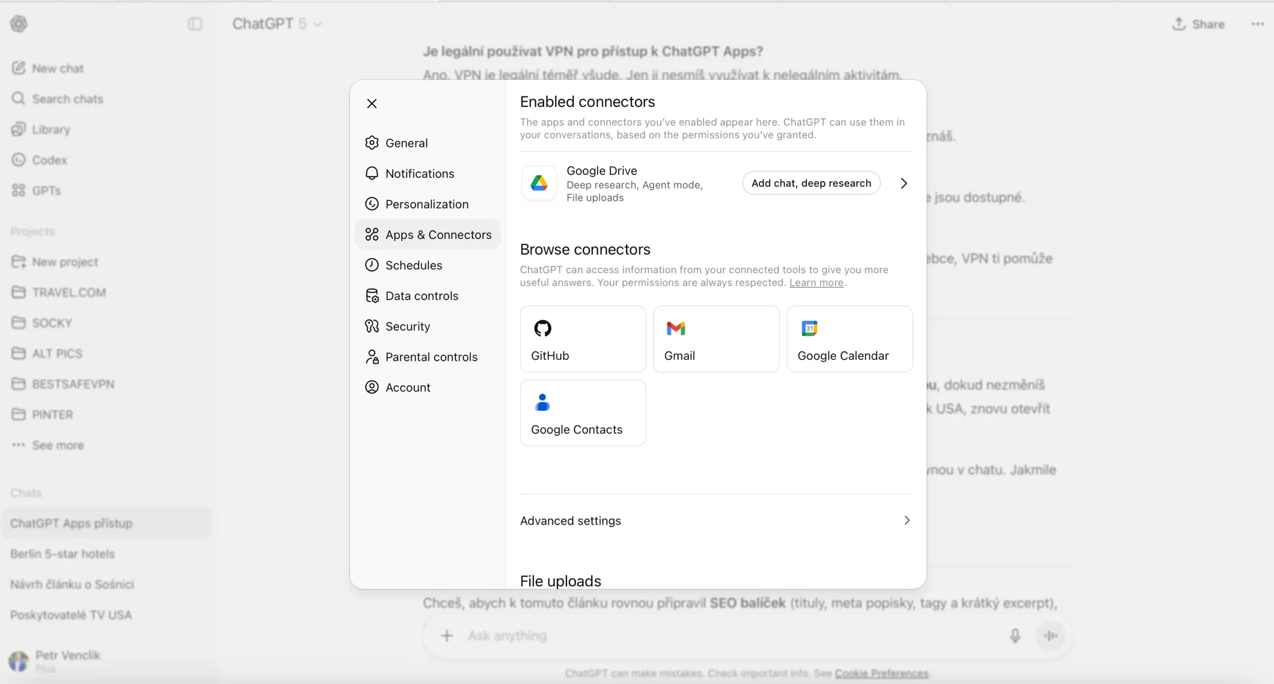 Nastavení ChatGPT s aktivovaným konektorem Google Drive a možností připojení Gmailu, Google Kalendáře a GitHubu