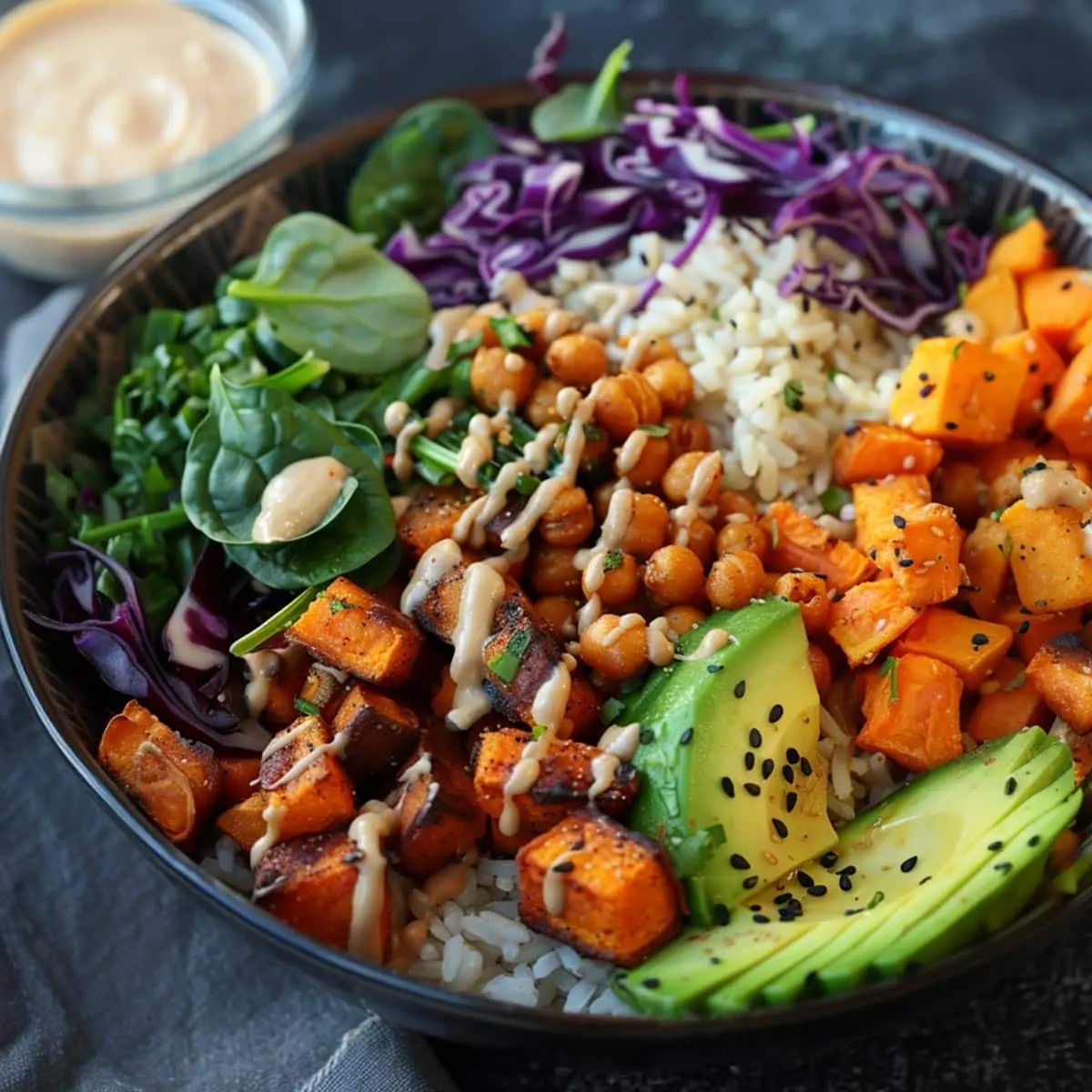 Veganská buddha bowl s batáty, cizrnou, avokádem a špenátem