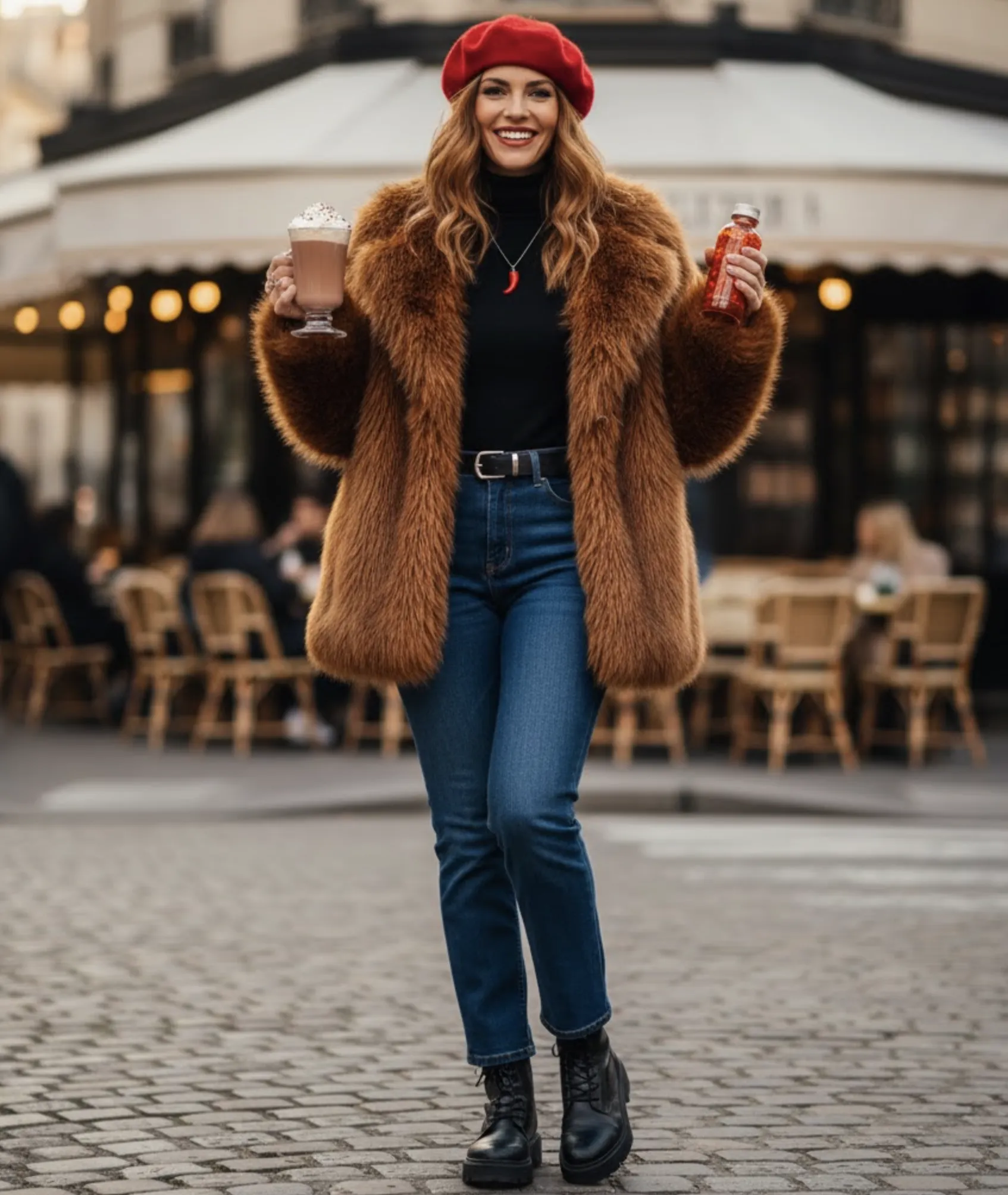 Usměvavá žena v beretě, medově hnědém kožešinovém kabátu a džínách drží šlehačkové kakao – radostná podzimní kombinace hravosti a stylu.