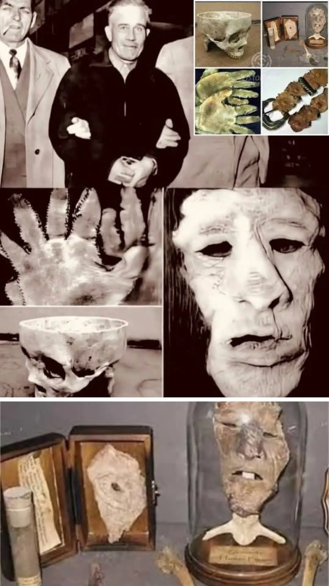 Hrůzné nálezy z domu Edwarda Geina – masky z lidské kůže, misky z lebek, pásky z bradavek a další předměty vyrobené z ostatků obětí