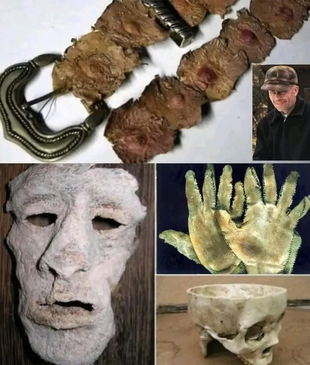 Detailní koláž předmětů nalezených u Eda Geina: pásek z lidských bradavek, masky z kůže, rukavice z lidských dlaní a miska z lebky