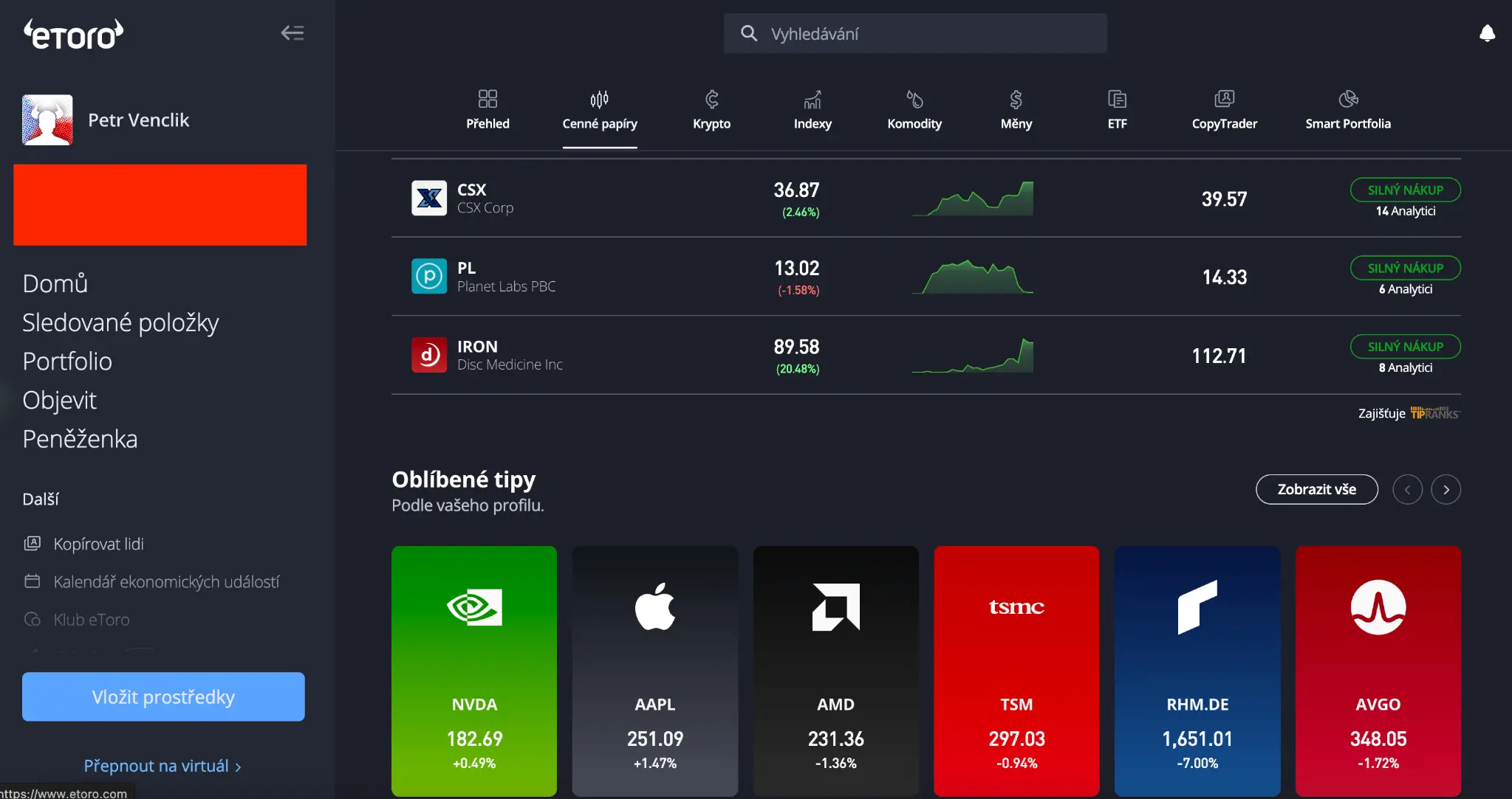 Doporučené akcie na eToro: CSX, Planet Labs a Disc Medicine s přehledem růstu a hodnocením od analytiků – plus oblíbené tipy jako NVIDIA, Apple nebo AMD podle profilu investora.