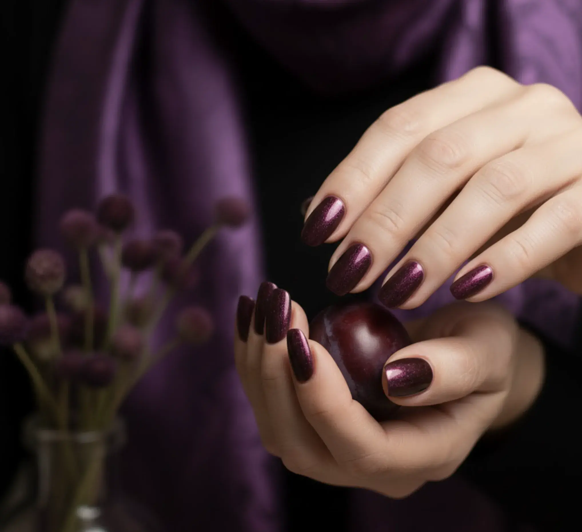 Detail ženských rukou s lesklým vínově fialovým lakem držících švestku – manikúra inspirovaná barvou Damson jako esence sezóny.