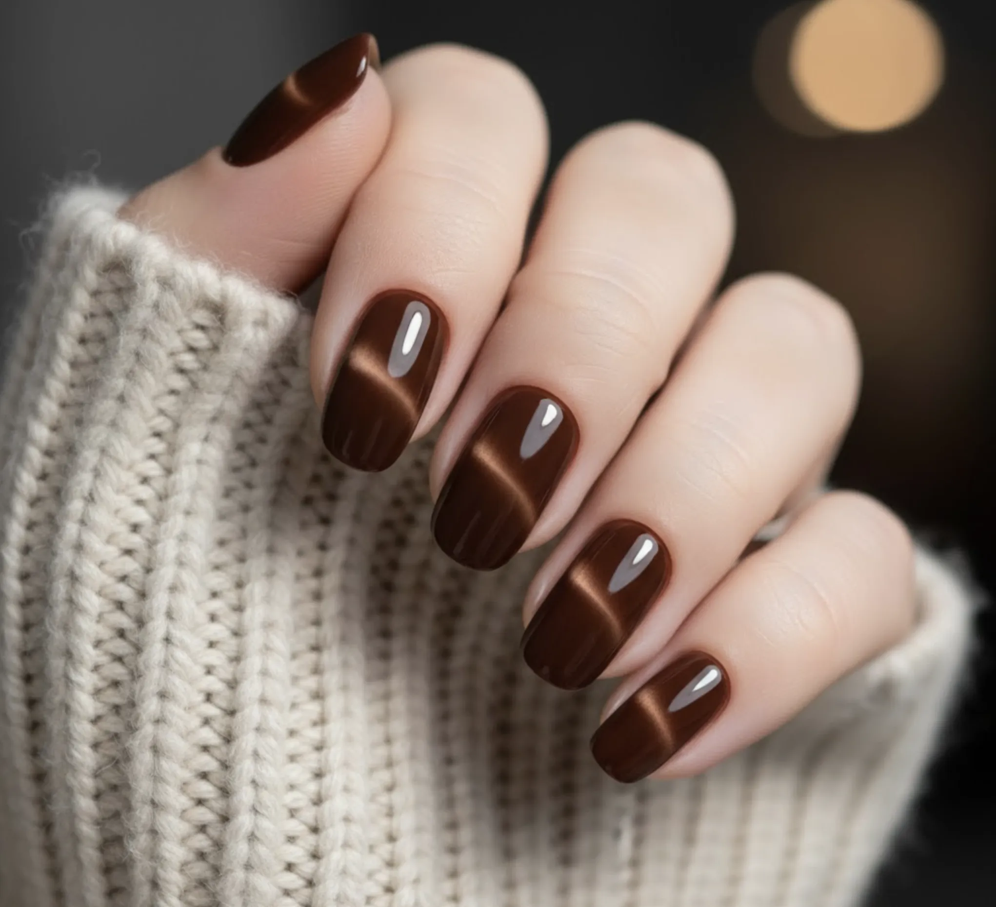 Detail lesklé čokoládové manikúry s efektem „cat-eye“ – podzimní hit roku 2025 v duchu gurmánské palety a sametového dojmu.