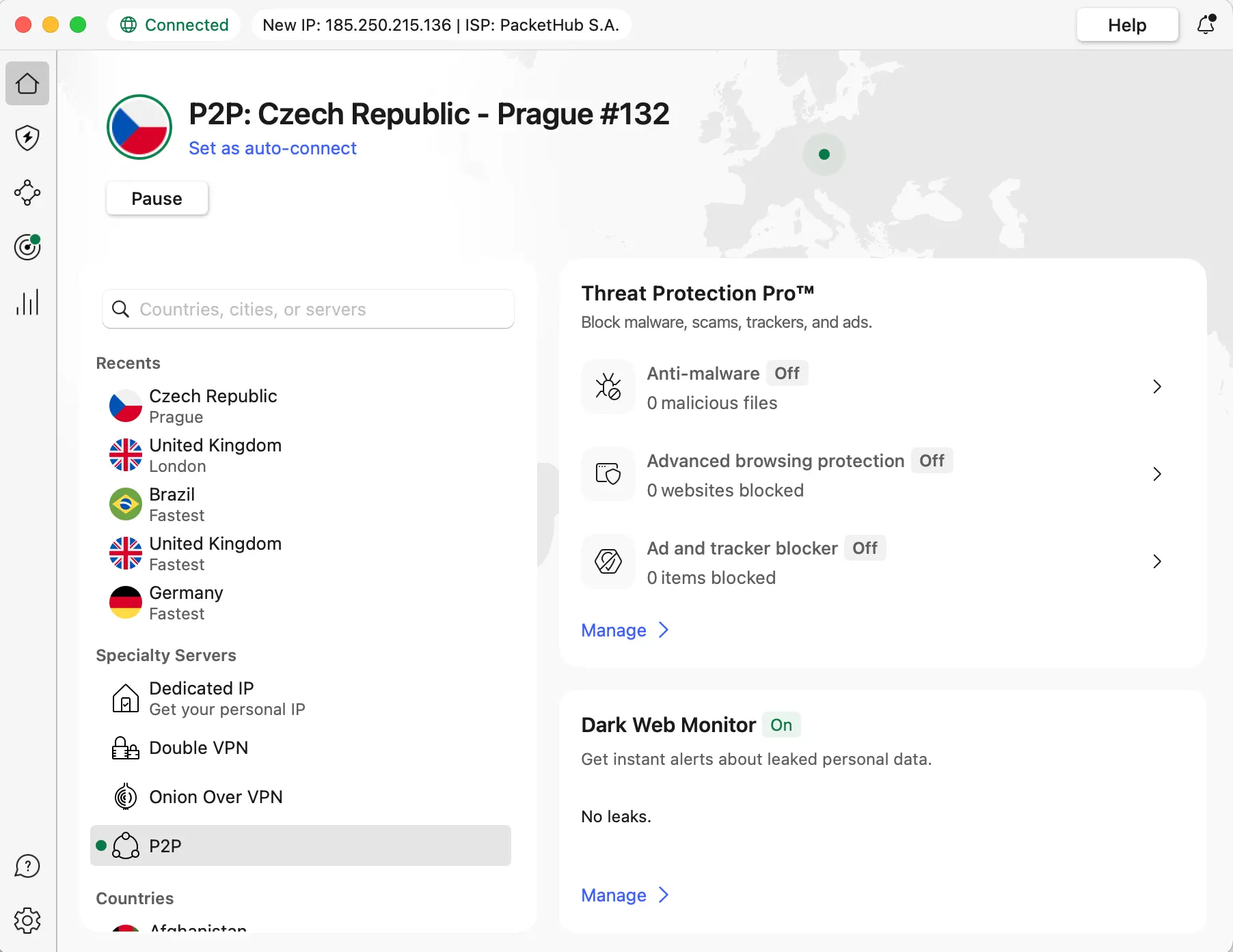 Ukázka připojení přes NordVPN k českému serveru v Praze – ideální krok pro sledování Skylinku mimo ČR.