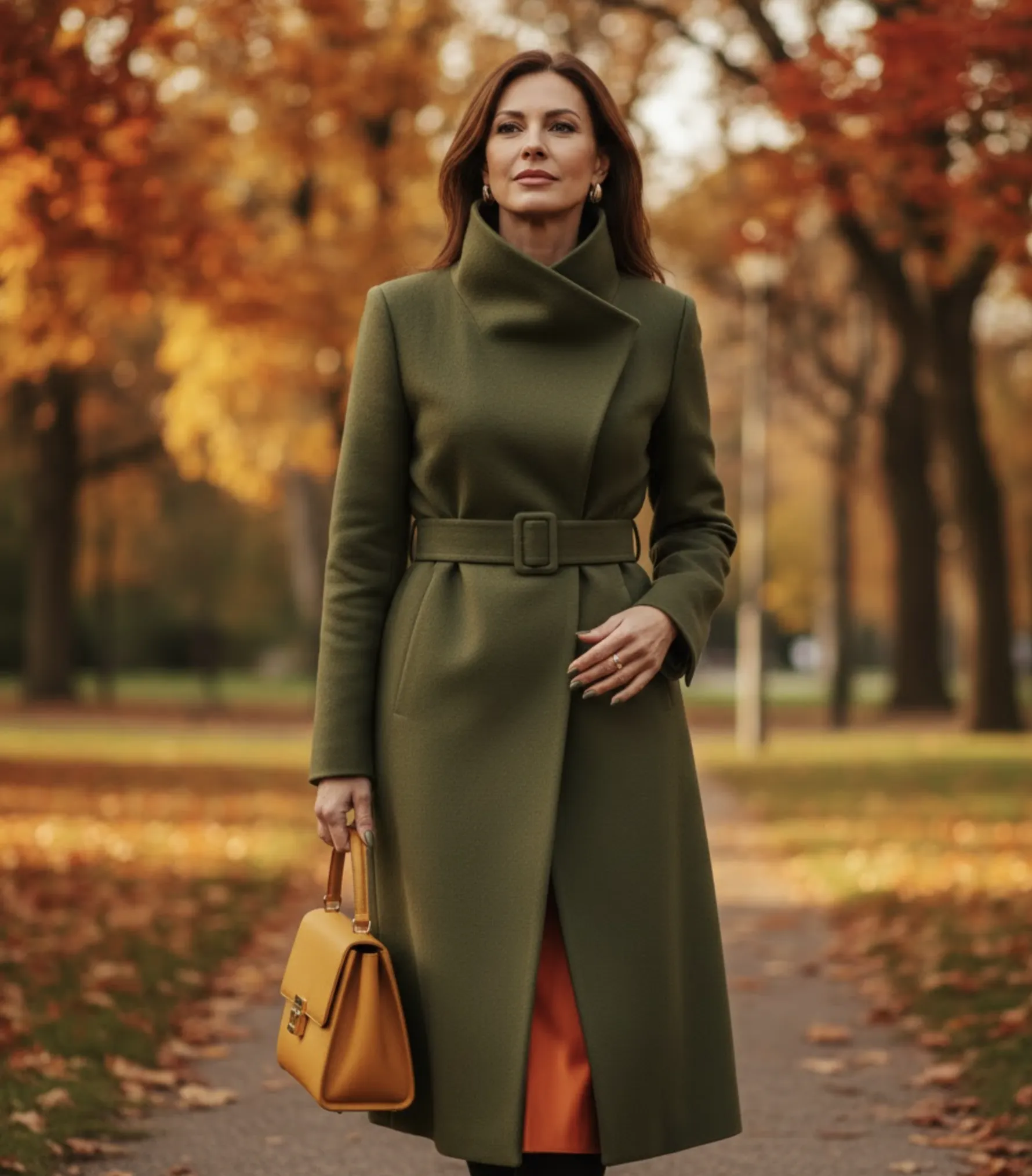 Žena v olivově zeleném kabátu se zvýrazněným pasem a hořčicovou kabelkou kráčí parkem plným spadaného listí – podzimní elegance s důrazem na střih.
