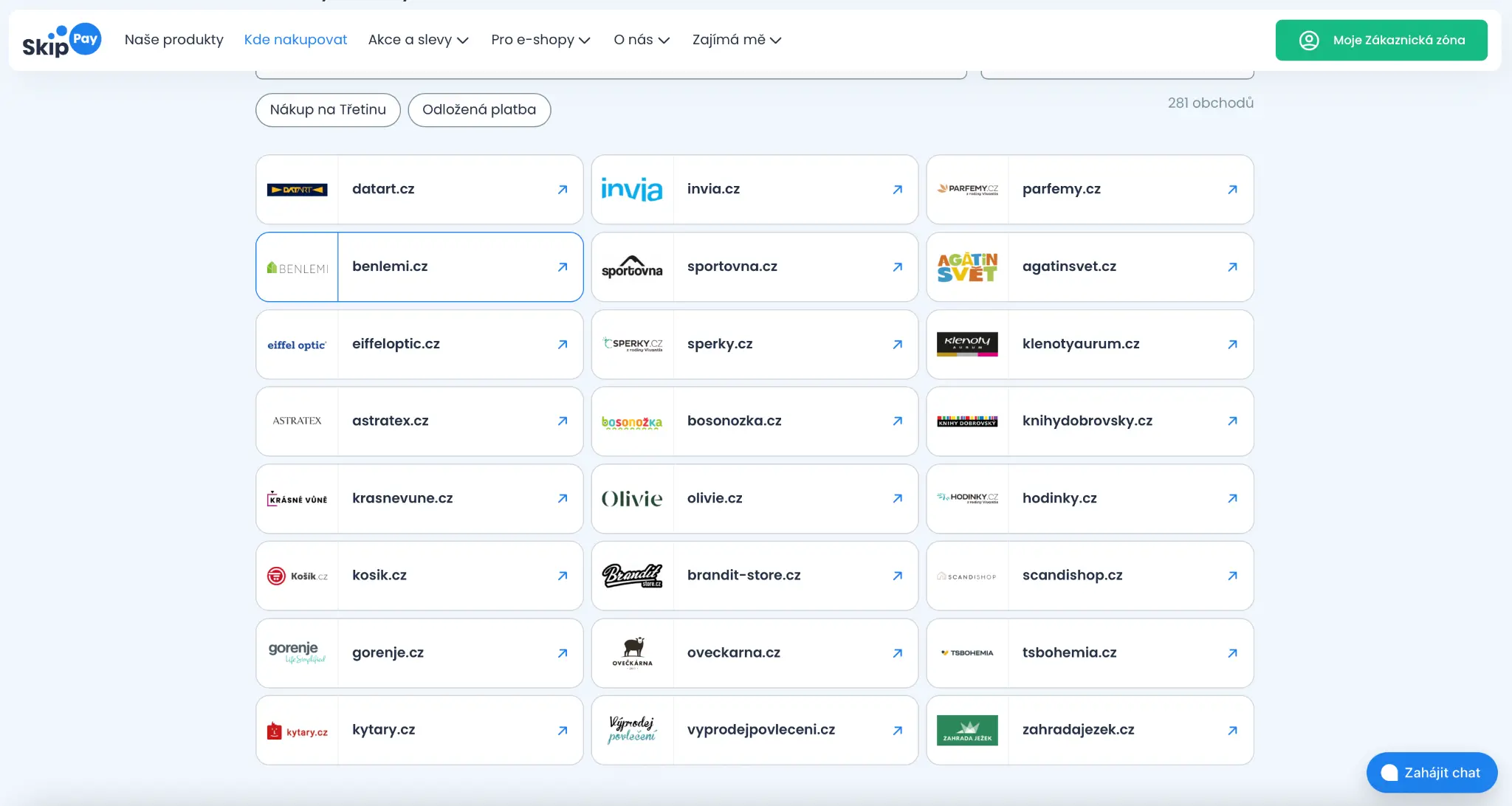 Seznam českých e-shopů, kde lze zaplatit přes Skip Pay, například Datart, Invia, Astratex, Knihy Dobrovský, Kytary nebo Gorenje.