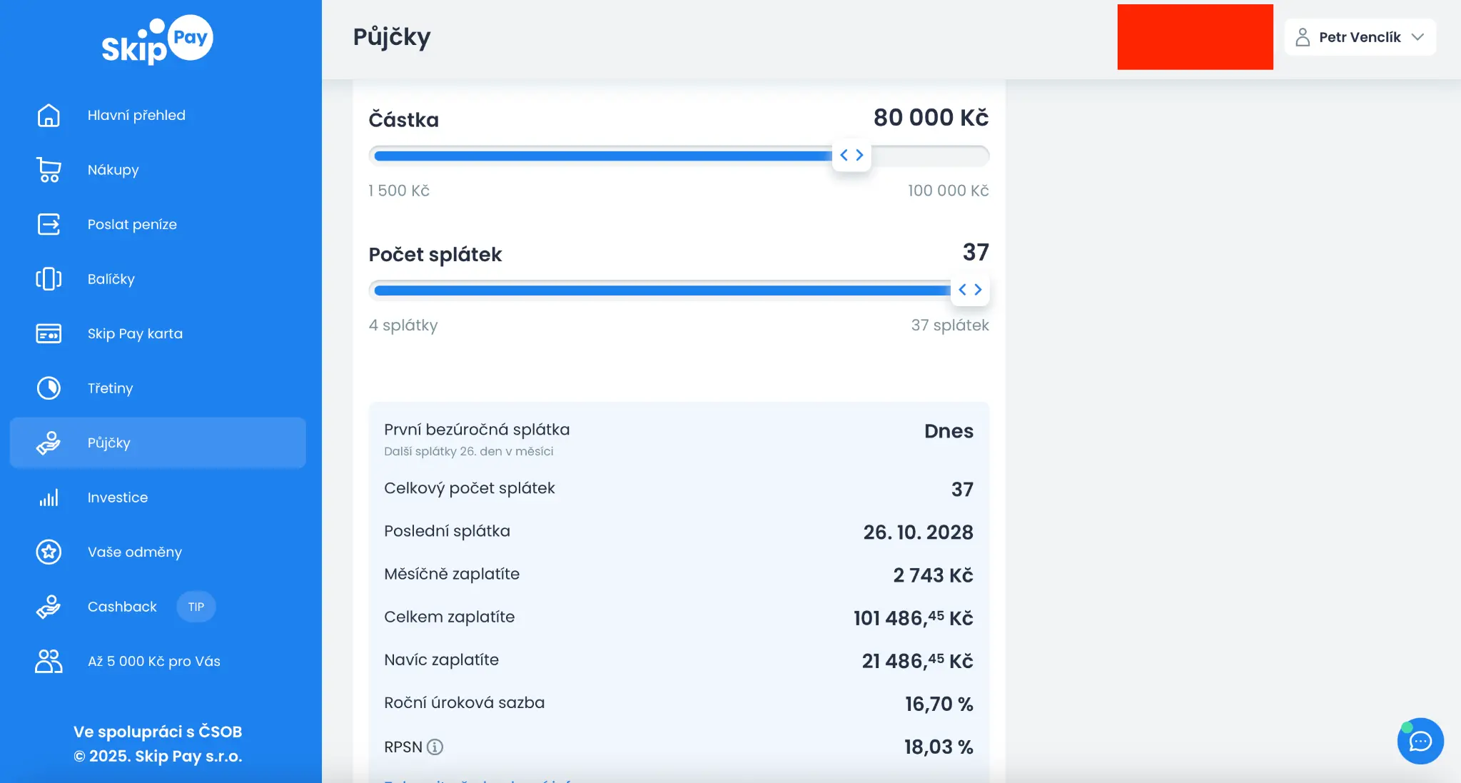 Přehled půjčky ve Skip Pay s nastavenou částkou 80 000 Kč a splácením na 37 měsíců včetně měsíční splátky a celkové ceny.