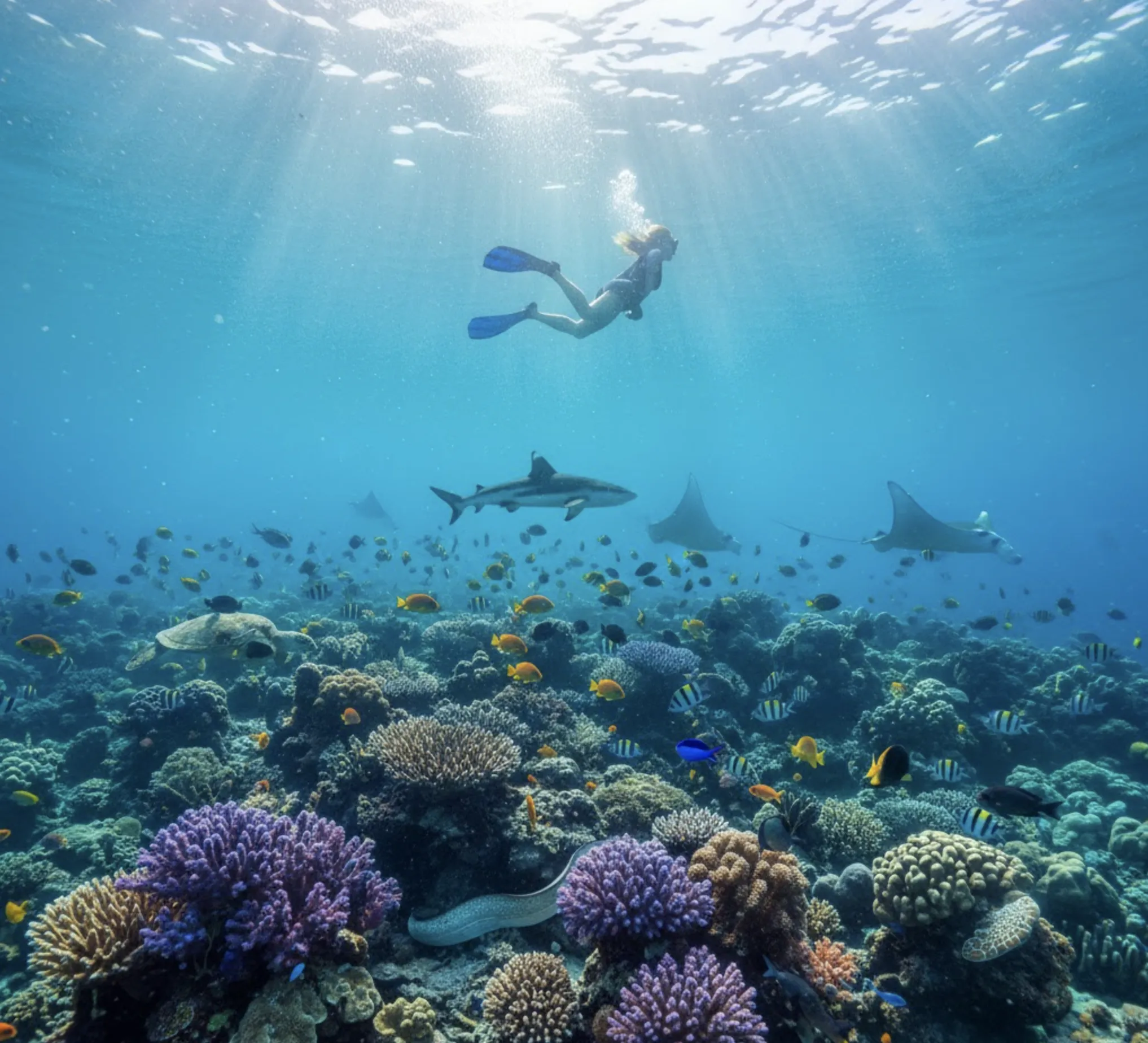 Potápěčka mezi korály, rejnoky a žraloky u Bora Bora