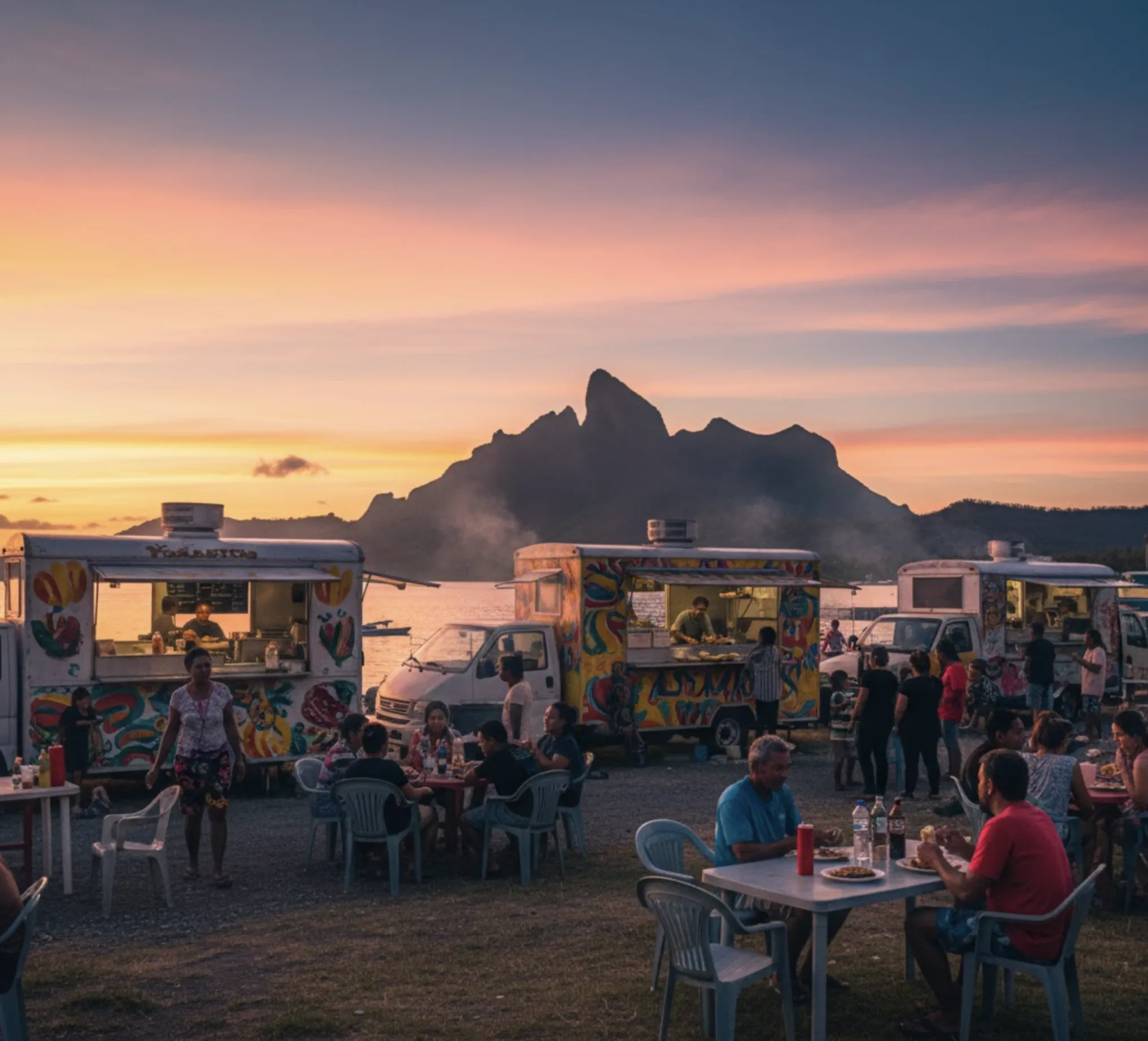 Večerní roulottes ve Vaitape s výhledem na horu Otemanu