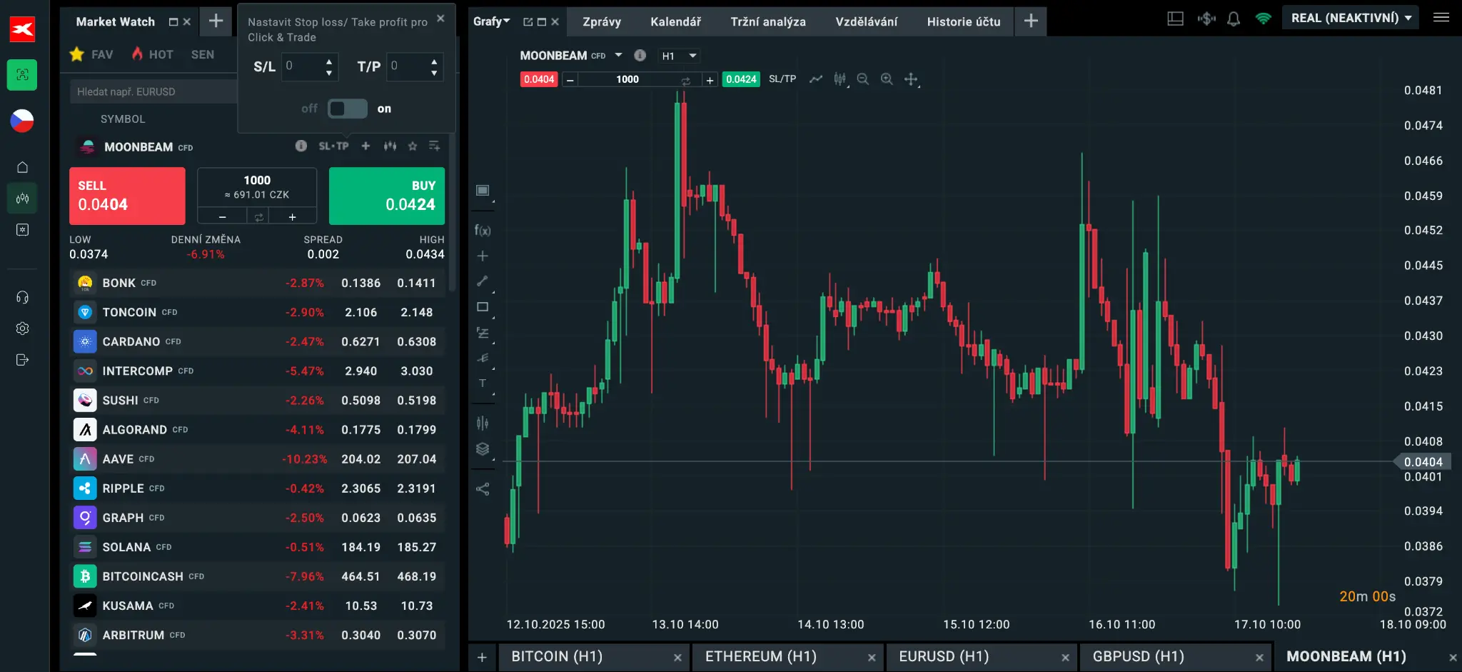 Vývoj ceny Moonbeam a dalších kryptoměn na XTB – aktuální hodnoty a svíčkový graf za poslední dny.