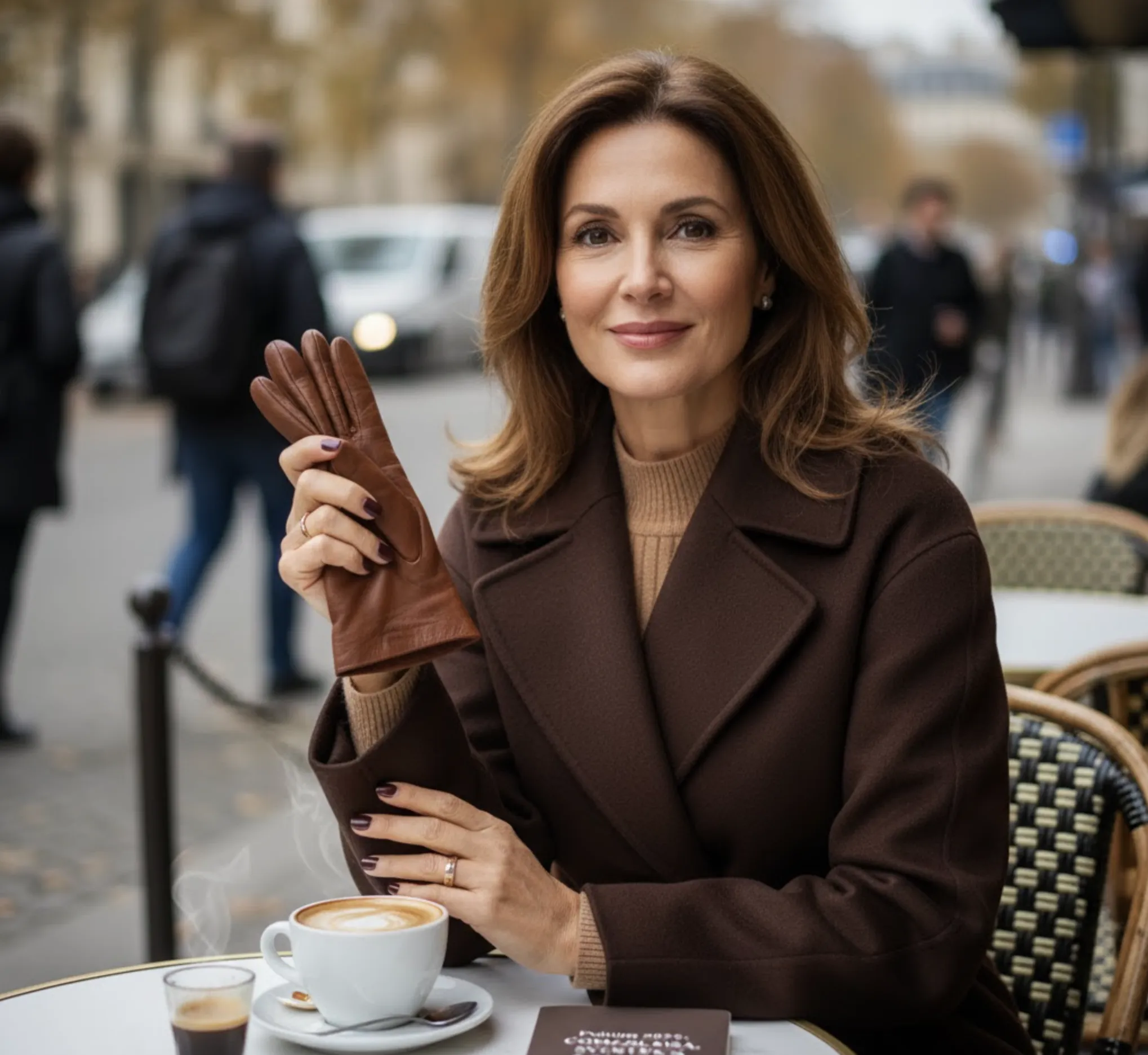 Elegantní žena v čokoládovém kabátu drží kožené rukavice a sedí u kávy na podzimní pařížské ulici – klasický obraz podzimní noblesy a klidu.