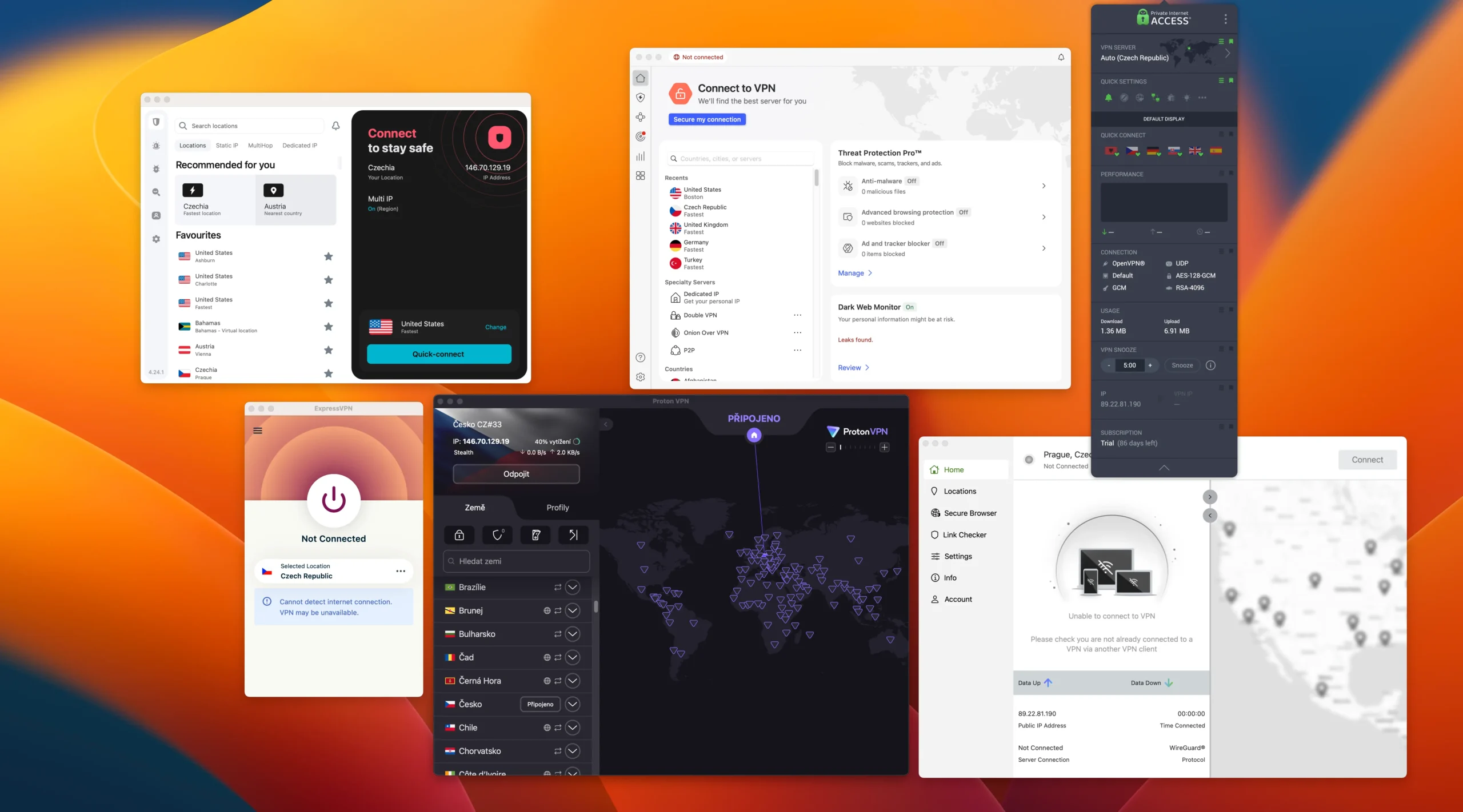 7 nejlepších VPN pro rok 2026 - na mém MacBook Pro - externí display 34 | Venclíkovi.cz Ukázka 7 VPN aplikací spuštěných současně na mém MacBooku s externím 34" monitorem
