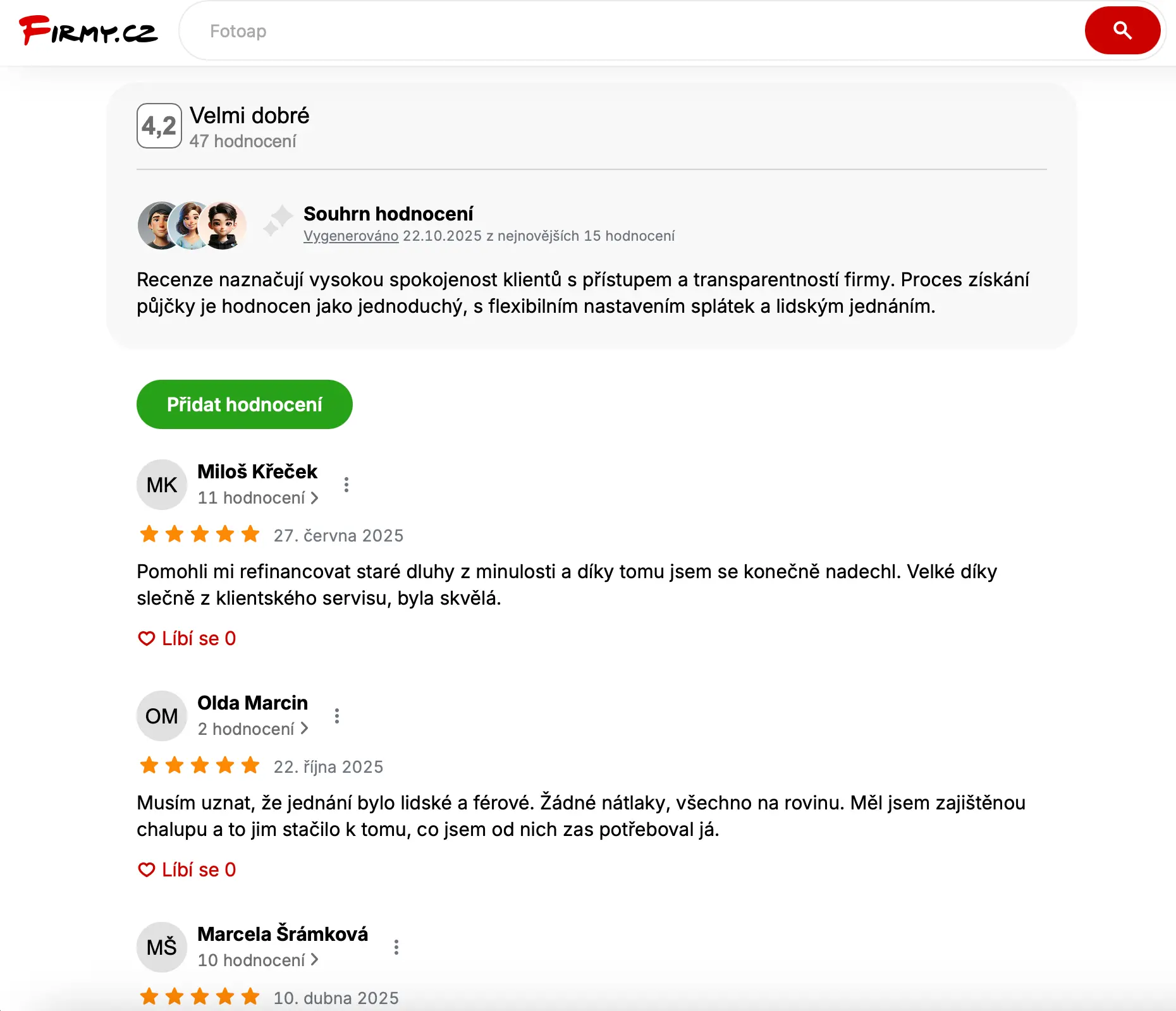 Recenze zákazníků ACEMA Credit na portálu Firmy.cz s hodnocením 4,2 z 5 hvězdiček.
