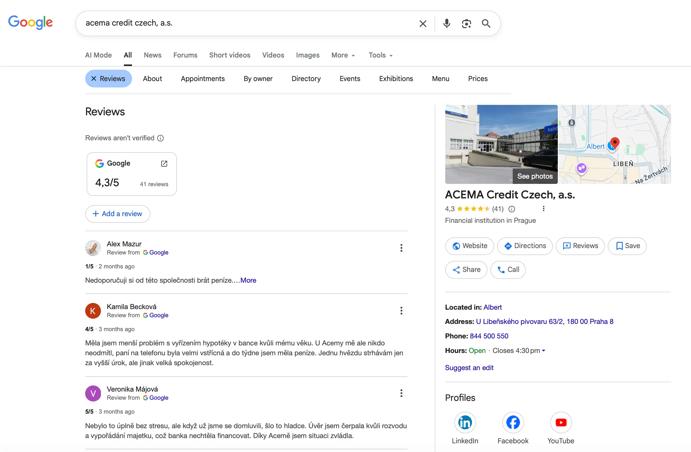 Hodnocení ACEMA Credit Czech, a.s. na Google s průměrem 4,3 hvězdičky z 41 recenzí.