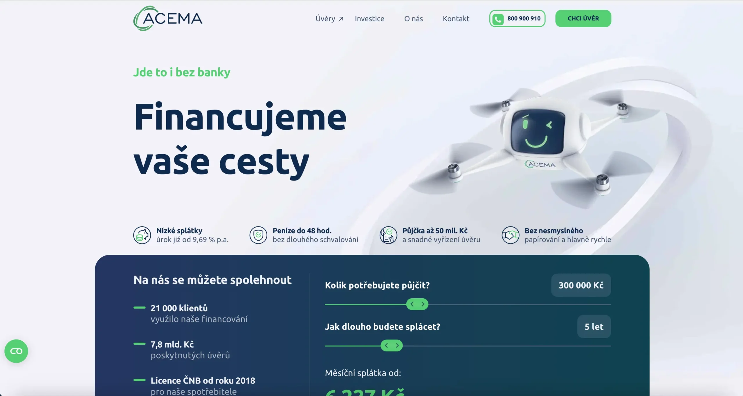 Úvodní stránka webu ACEMA s nabídkou podnikatelských půjček až do 50 milionů Kč, zvýrazněná úrokem od 9,69 % ročně a důrazem na rychlé vyřízení.