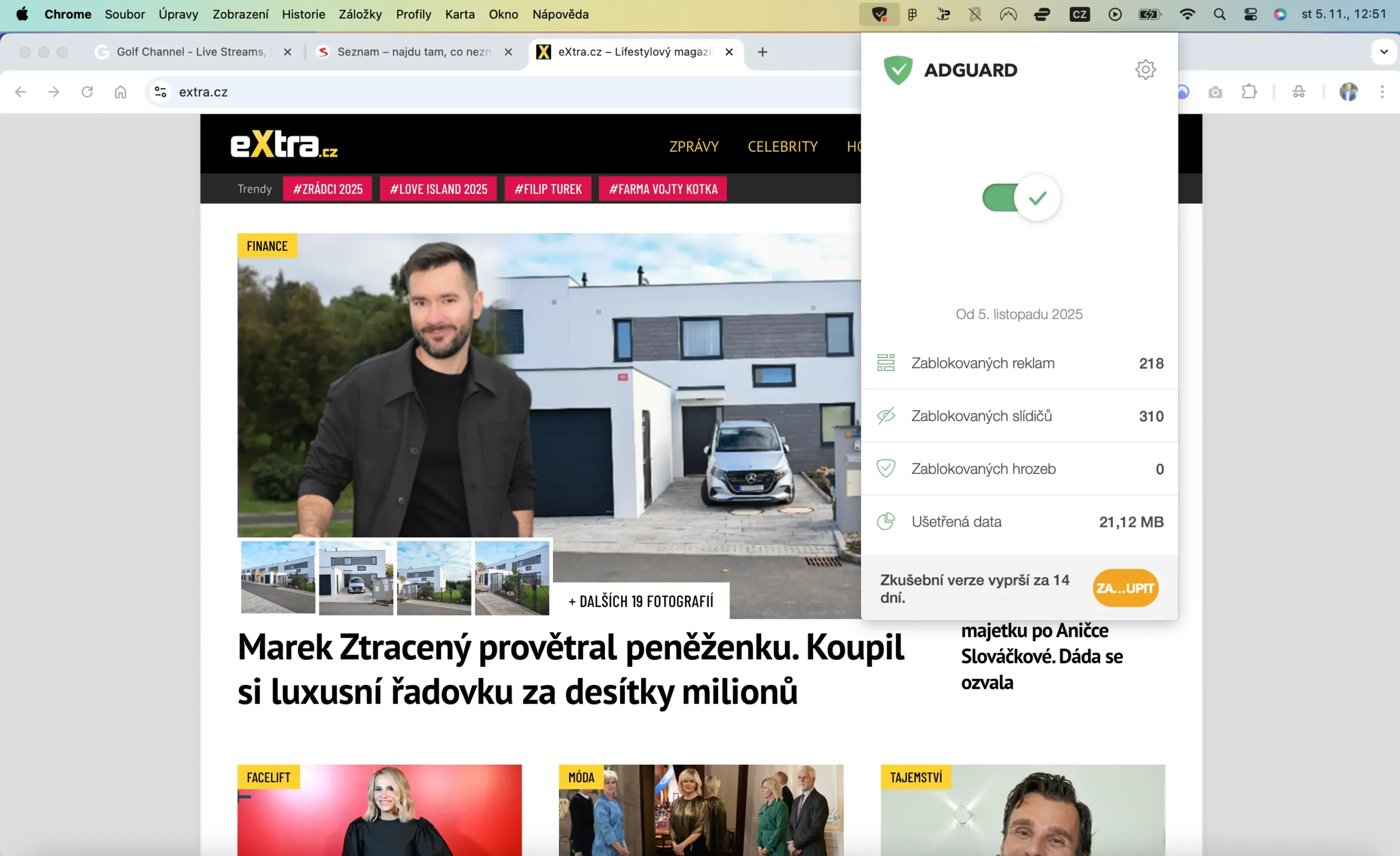Testování AdGuardu na českém webu eXtra.cz, blokování reklam a sledovacích prvků přímo v reálném čase