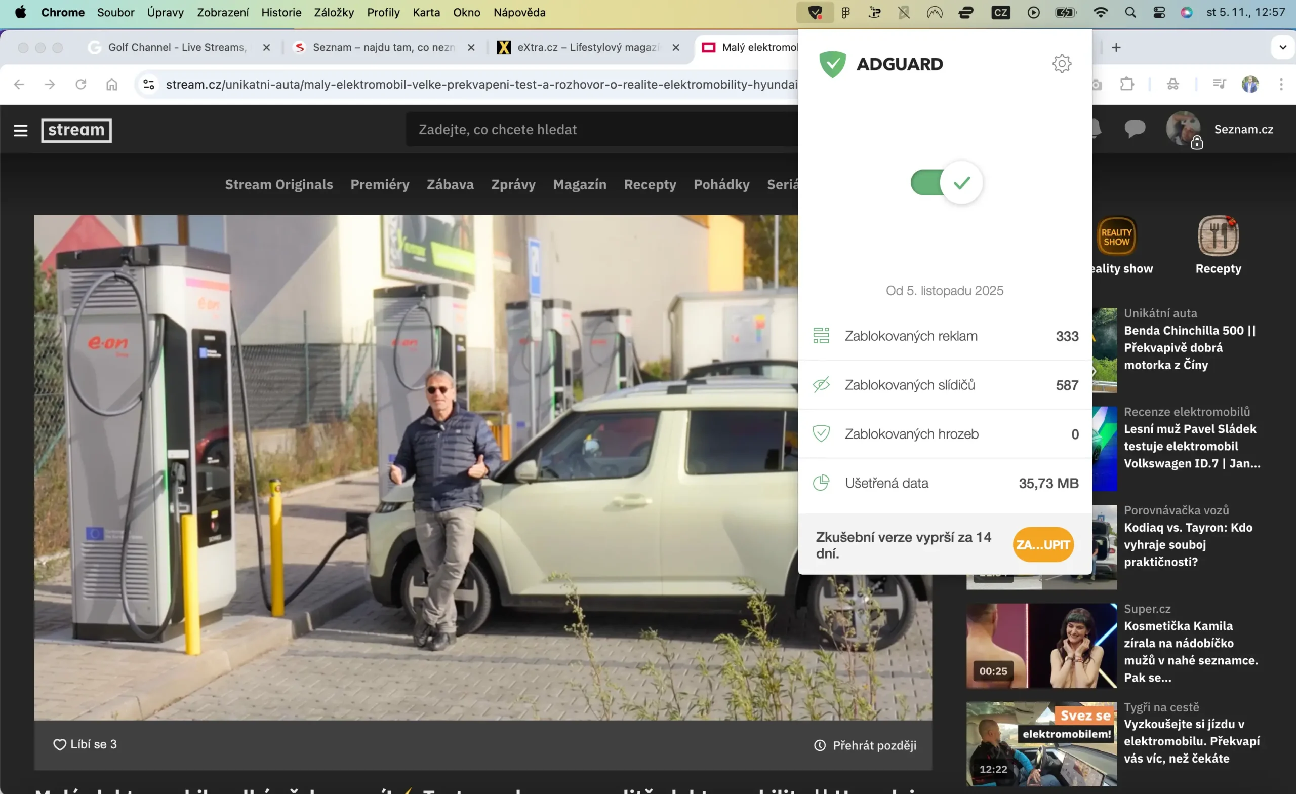 Aktivní AdGuard během sledování videa na Stream.cz, nulové reklamy a detailní přehled zablokovaného obsahu
