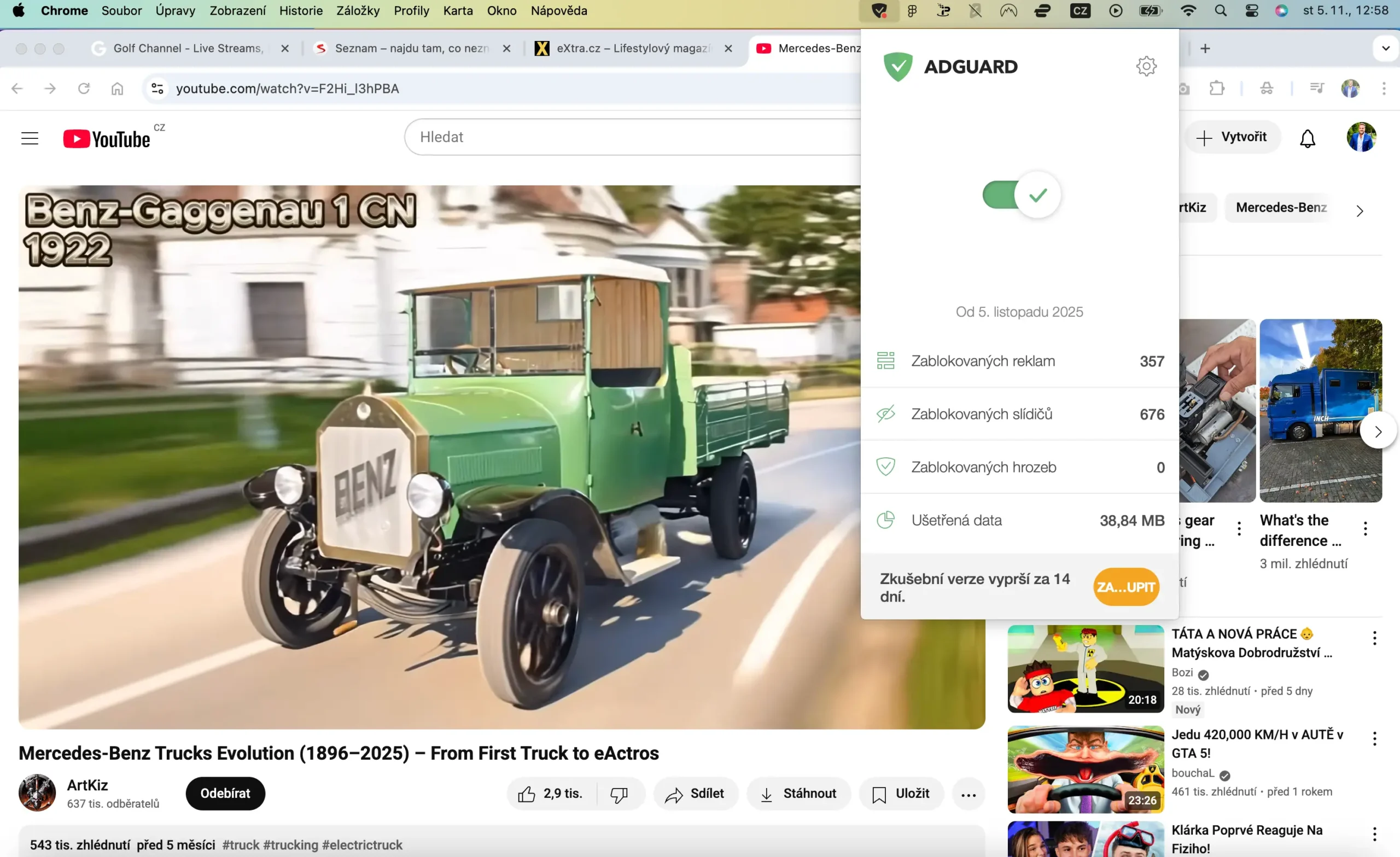AdGuard na Macu blokuje reklamy na YouTube při sledování videa, přehled zablokovaných reklam a trackerů v reálném čase